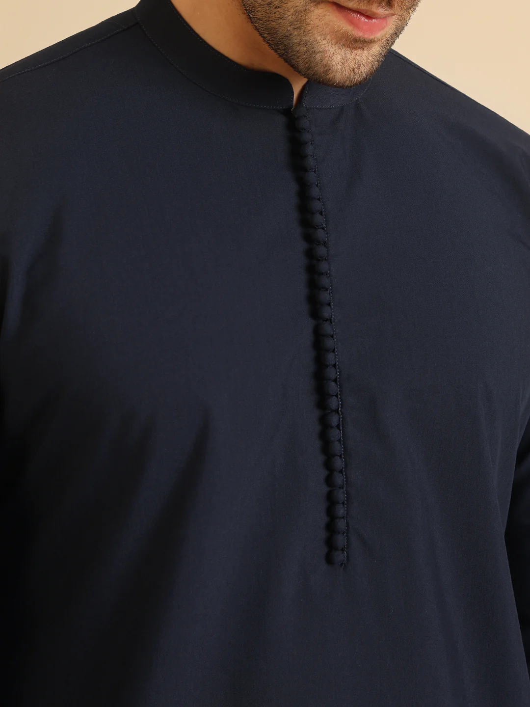 Navy Blue Silk Blend Solid Mid Kurta Trouser Set - Image 5