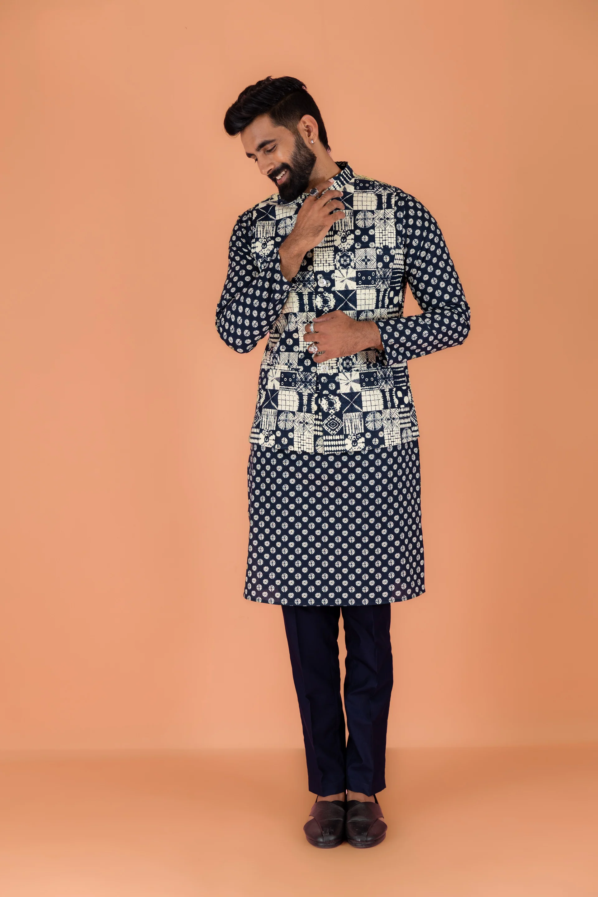 Navy Blue Printed Nehru Jacket Kurta Set - Image 2