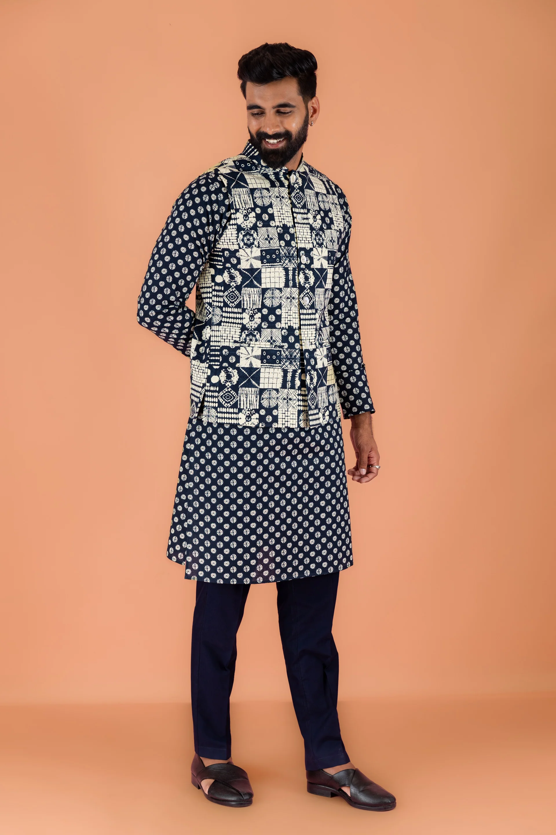 Men Navy Blue Printed Nehru Jacket - Image 2
