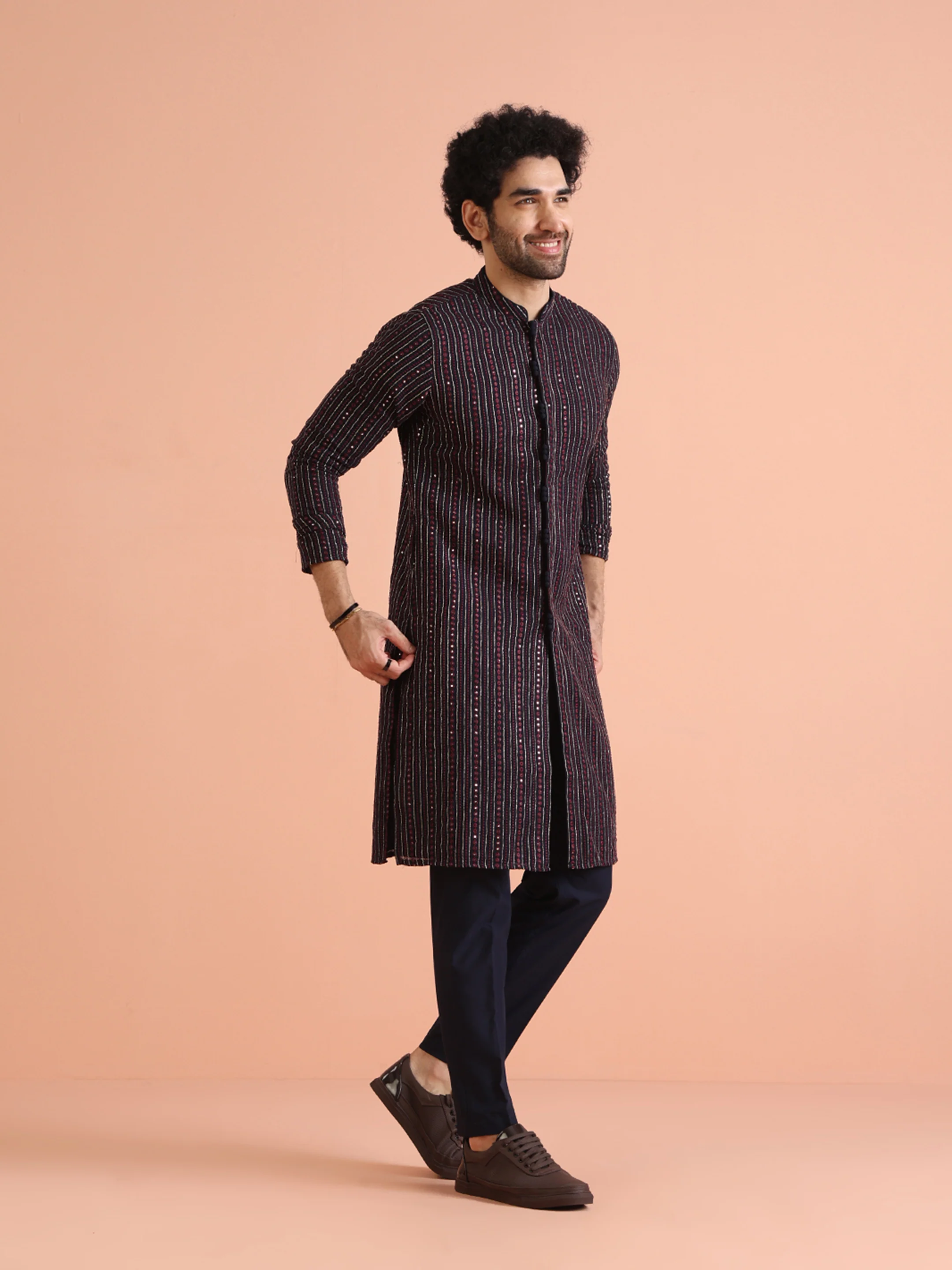 Navy Blue Embroidered Mirror Work Kurta – Festive & Wedding Wear - Image 3