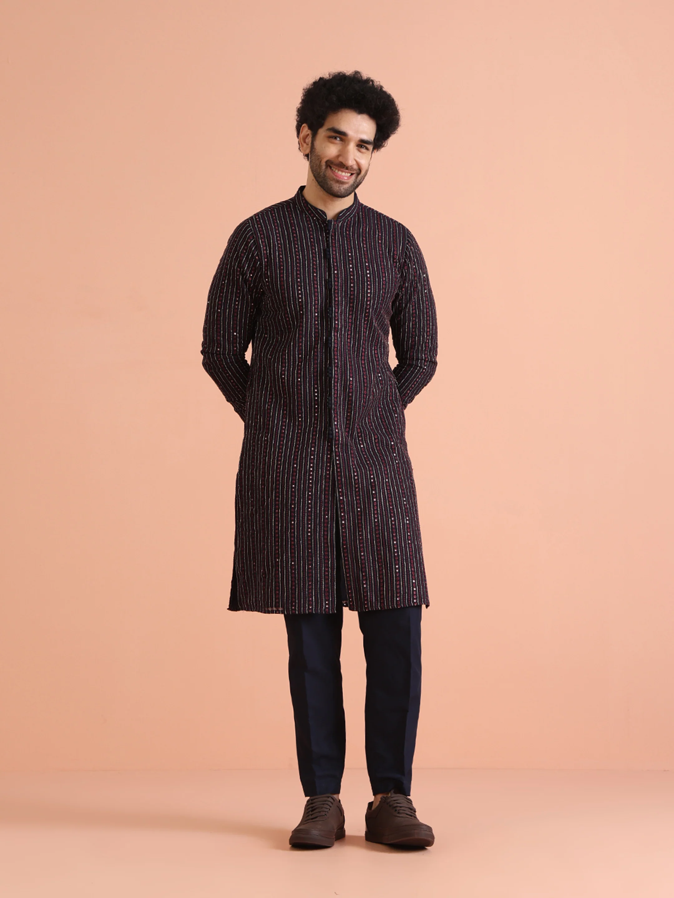 Men Navy Blue Sequinned Kurta Trouser Set
