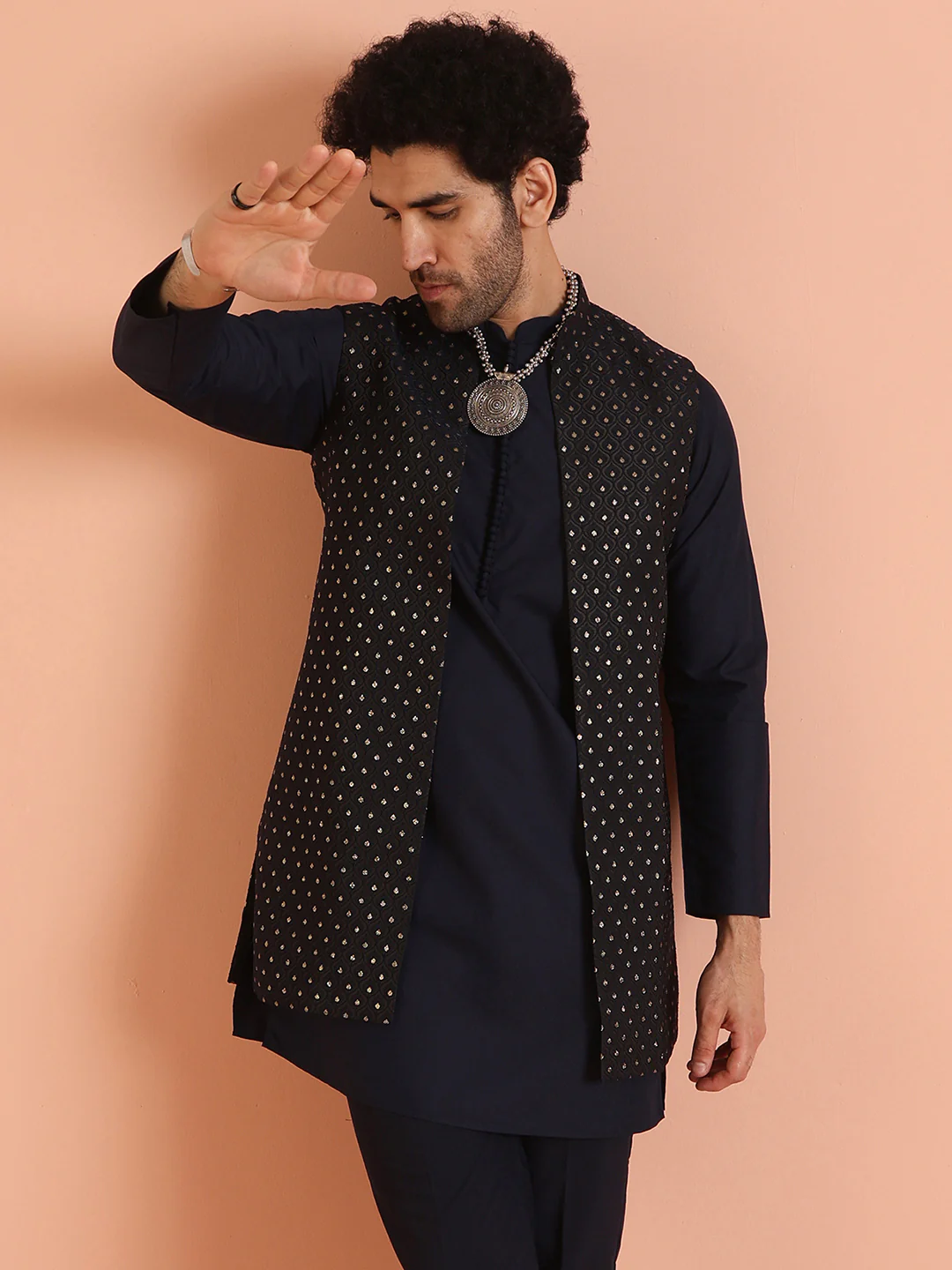 Navy Blue Woven Jacket Kurta Trouser Set