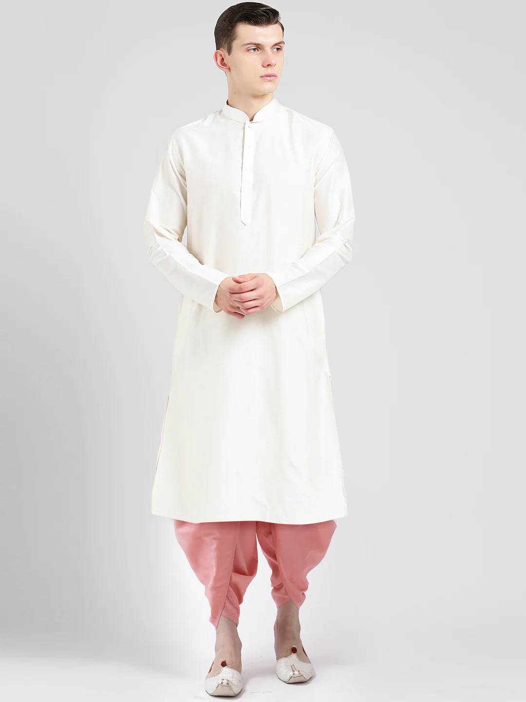 Men Off White Silk Blend Kurta Set