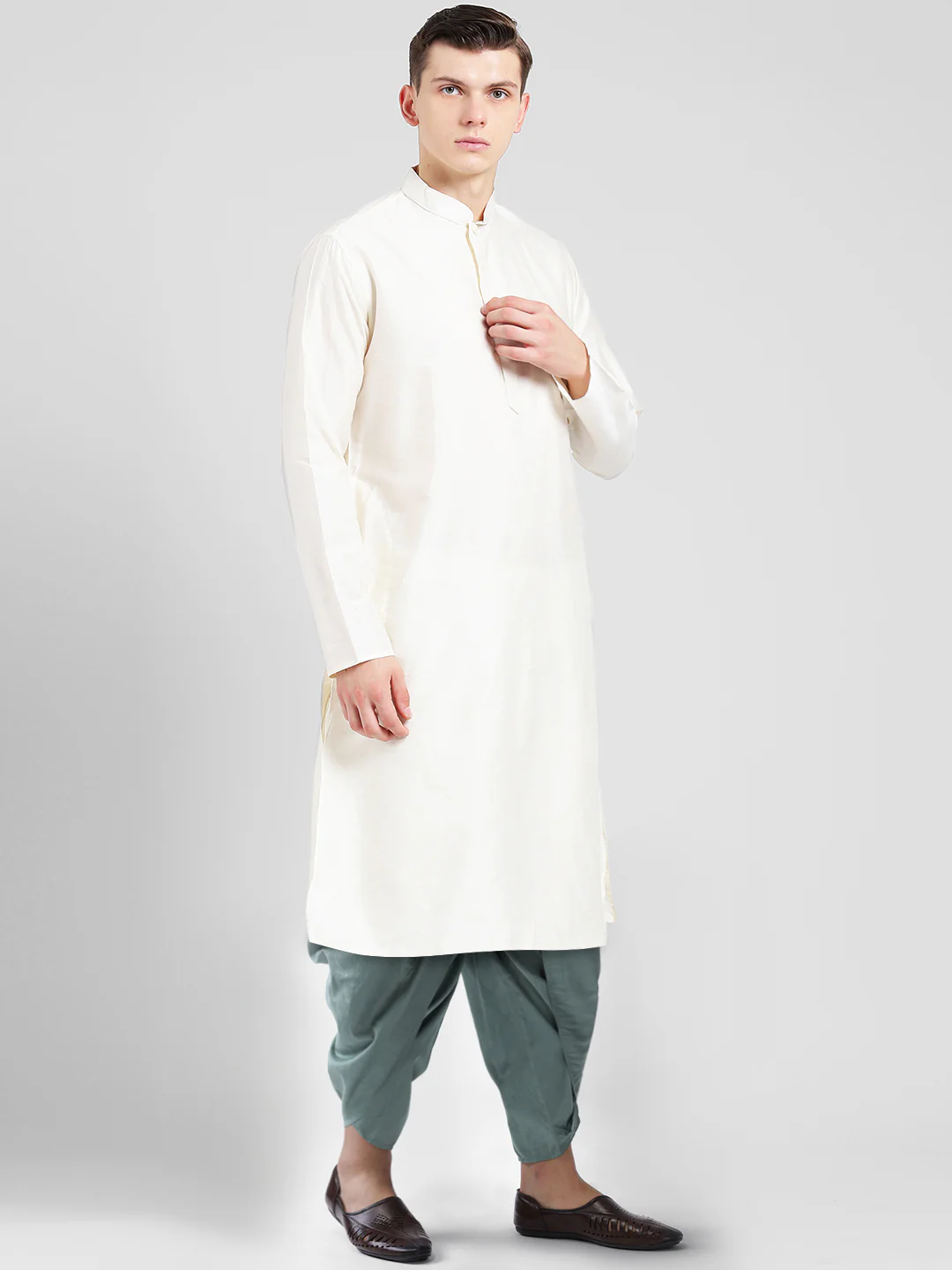 Men Off White Silk Blend Kurta Dhoti Set – Elegant Festive Wear - Image 2