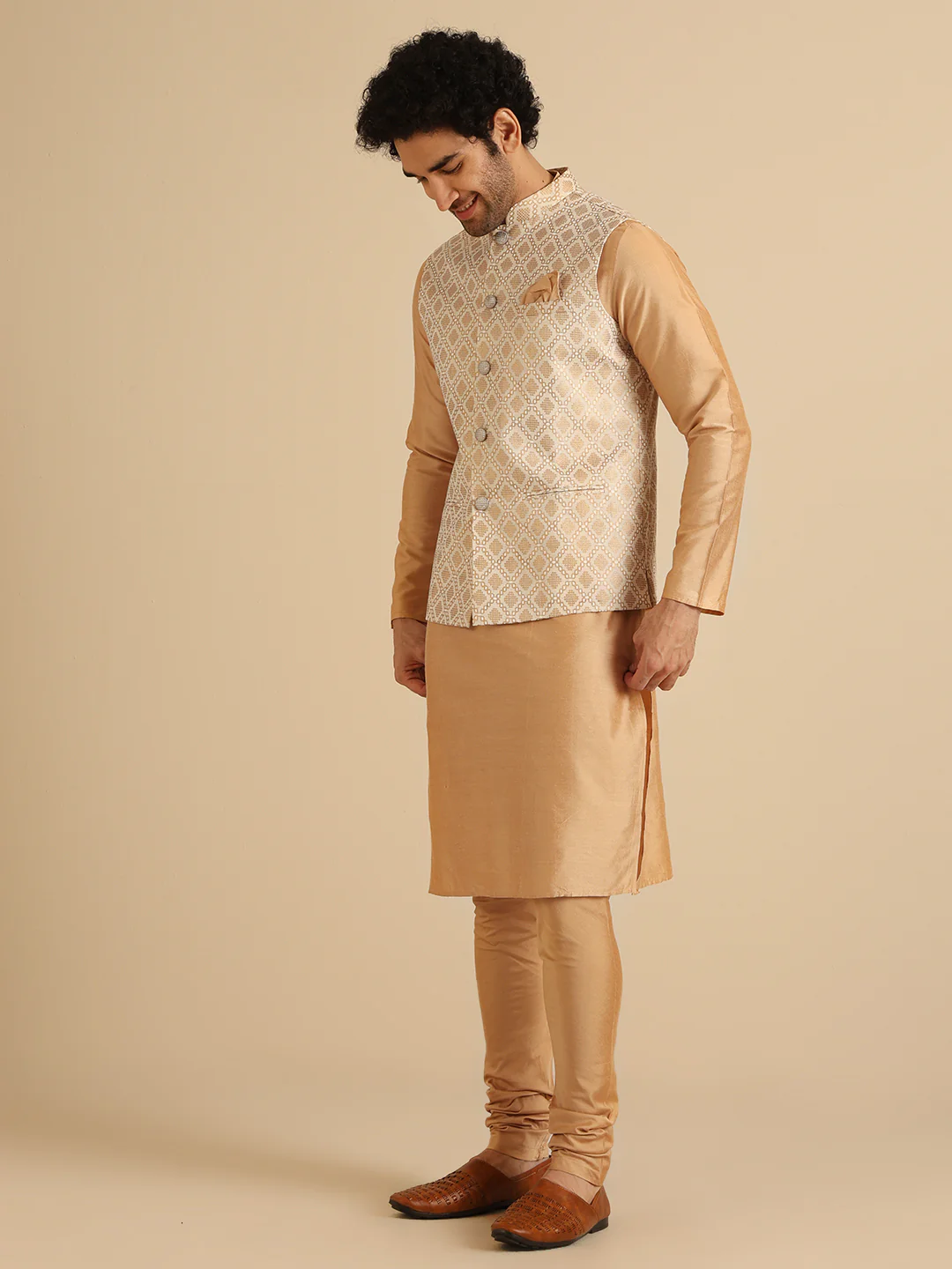 Gold Silk Blend Textured Nehru Jacket Kurta Churidar - Image 2