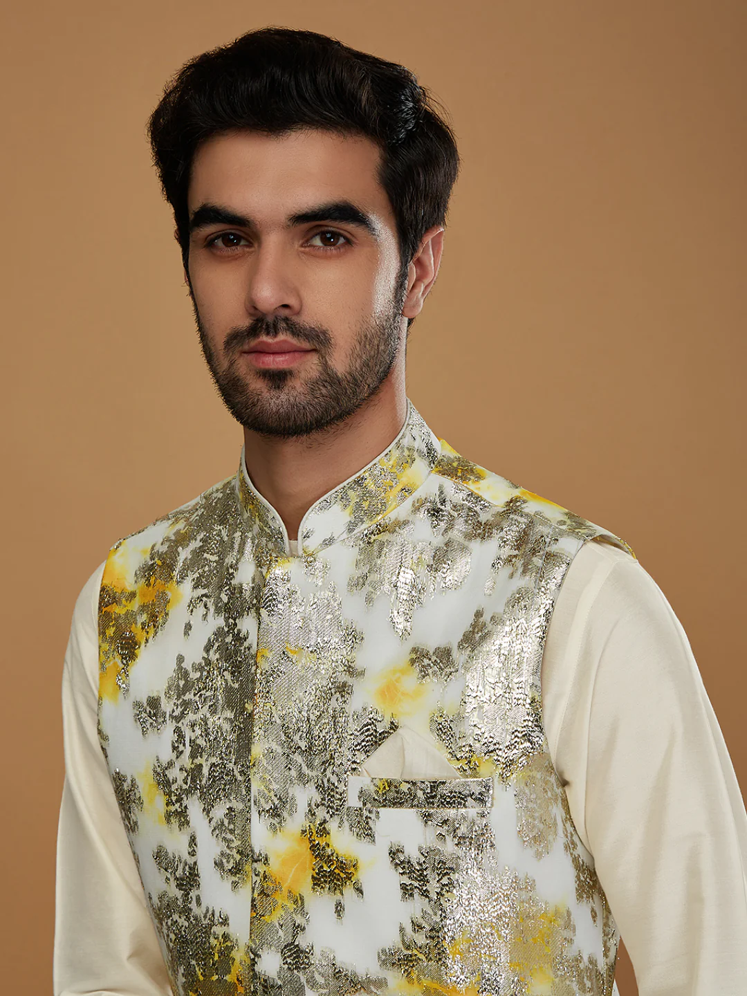 Men Off White Kurta Jacket Churidar Set - Image 5
