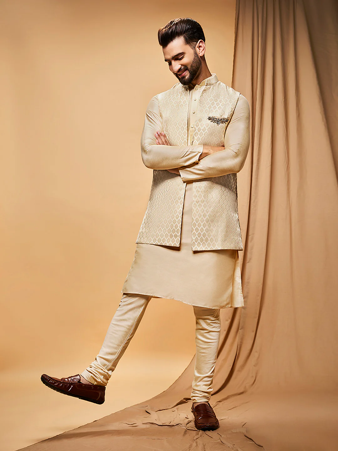 Beige Silk Blend Jacquard Jacket Set with Kurta & Churidar
