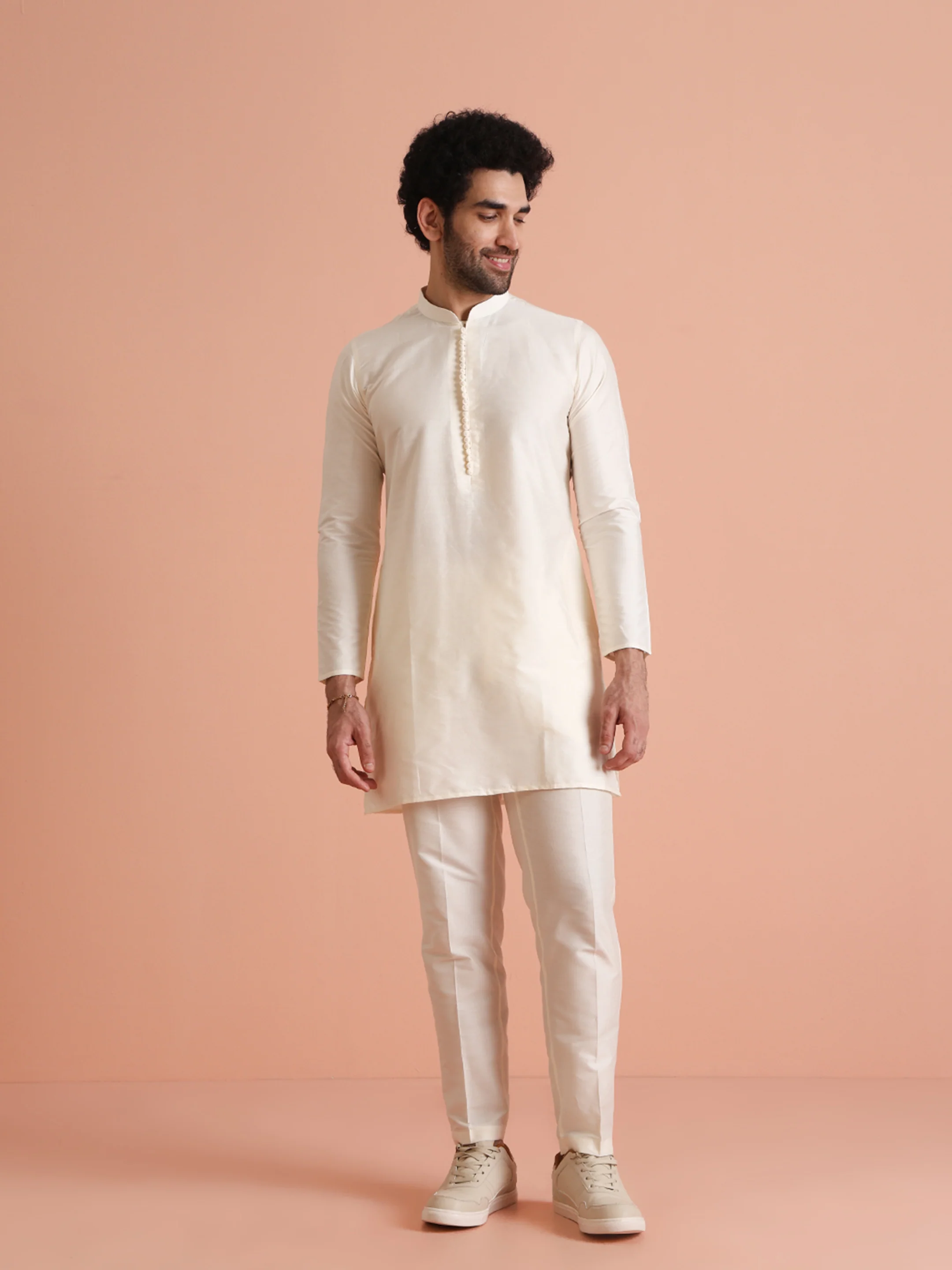 Elegant Off-White Cotton Blend Kurta for Men Minimalistic Ethnic Wear - Image 5