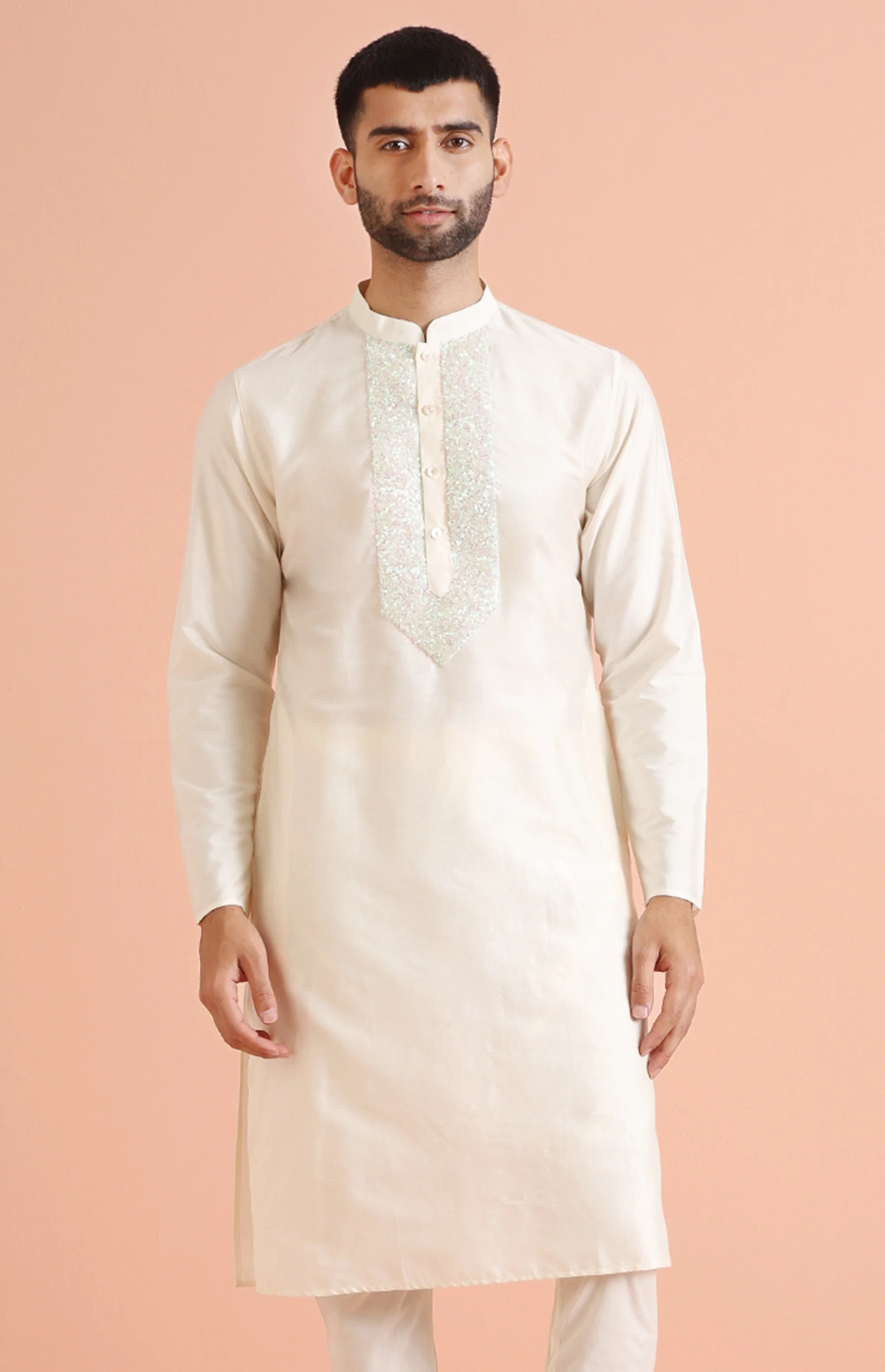 Cream Silk Blend Sequin Work Kurta