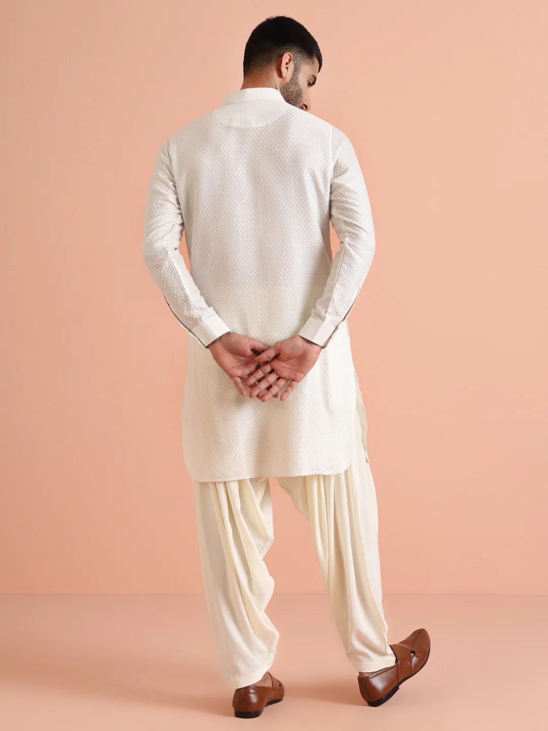 Cream Jacquard Textured Pathani Kurta Patiyala Set - Image 4