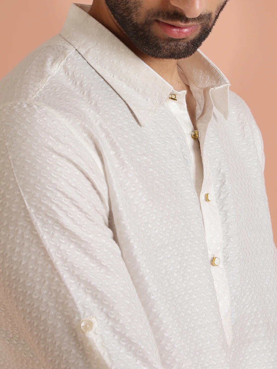 Cream Jacquard Textured Pathani Kurta Patiyala Set - Image 5