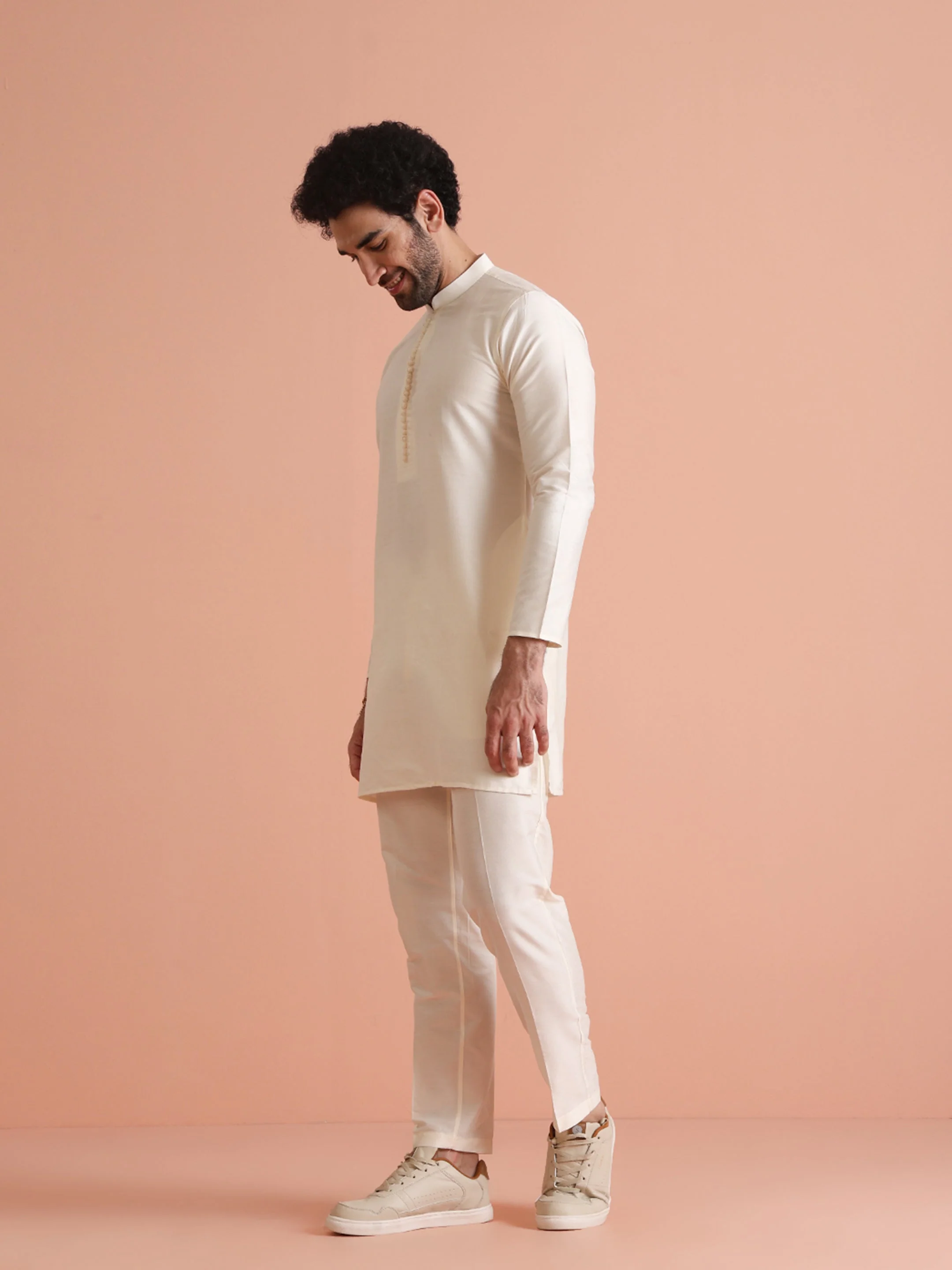 Cream Cotton Blend Solid Mid Kurta Trouser - Image 7