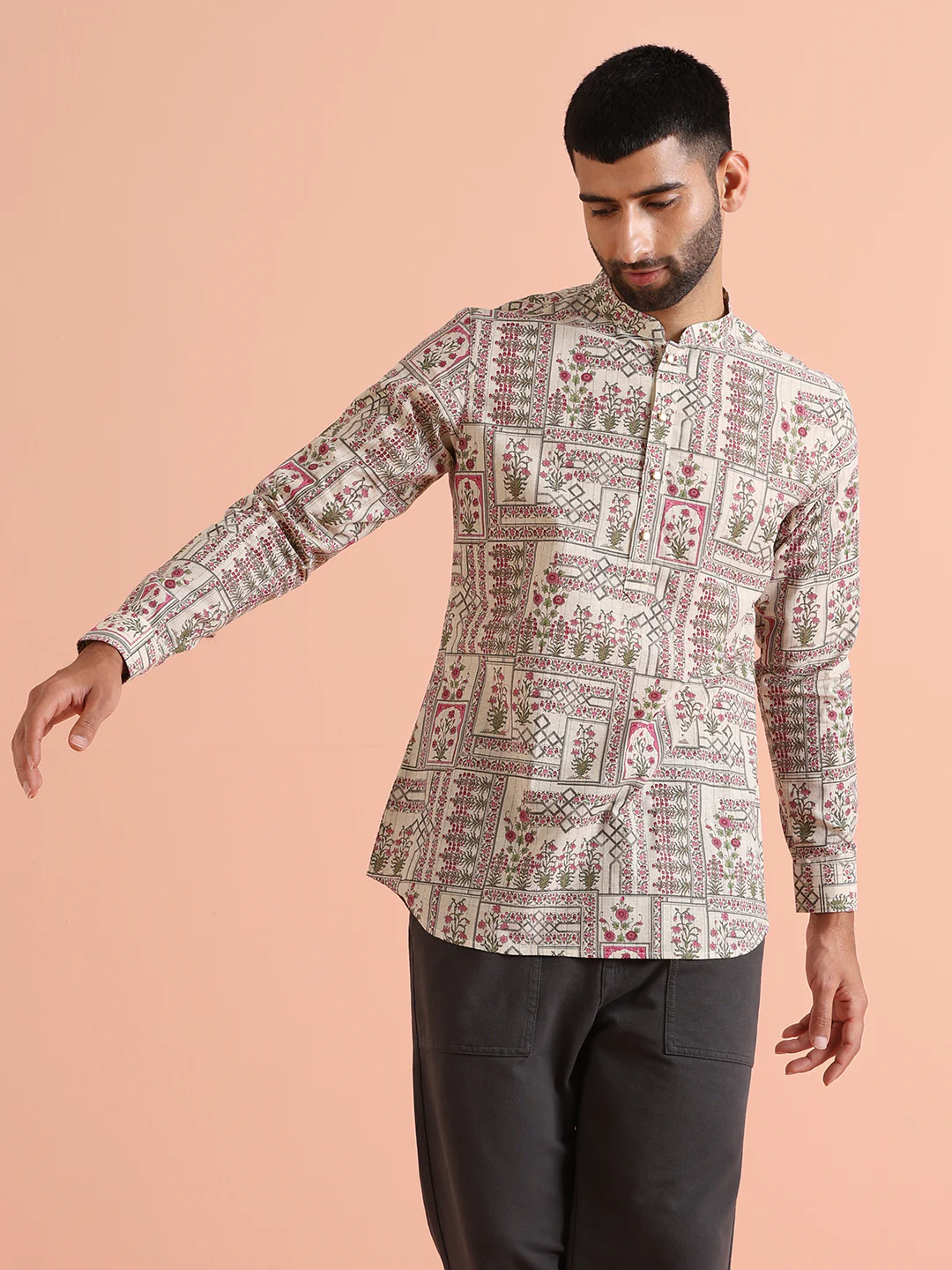 Beige Floral Printed Short Kurta