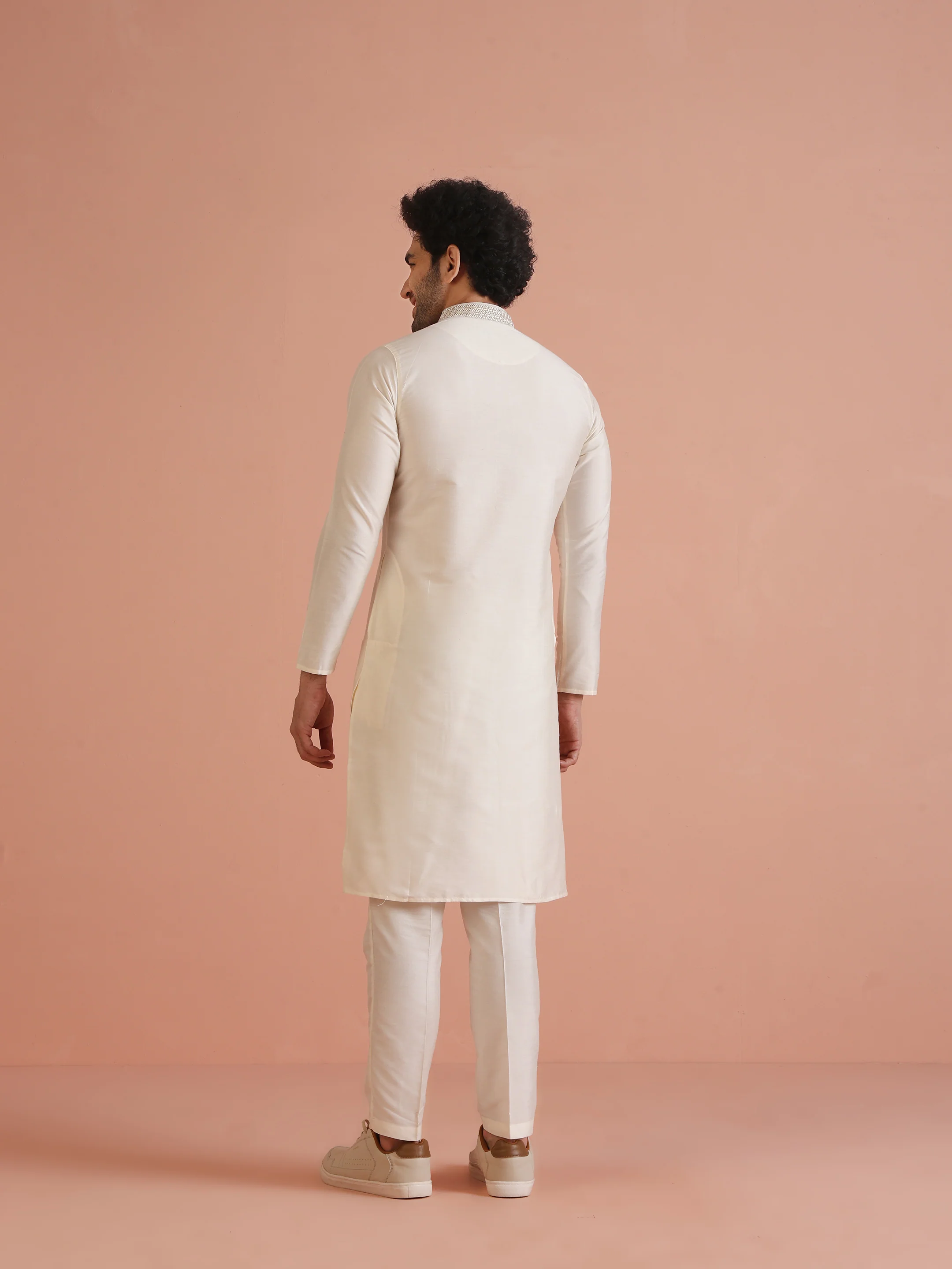 Cream Solid Kurta with Embroidered Collar & Trouser - Image 4