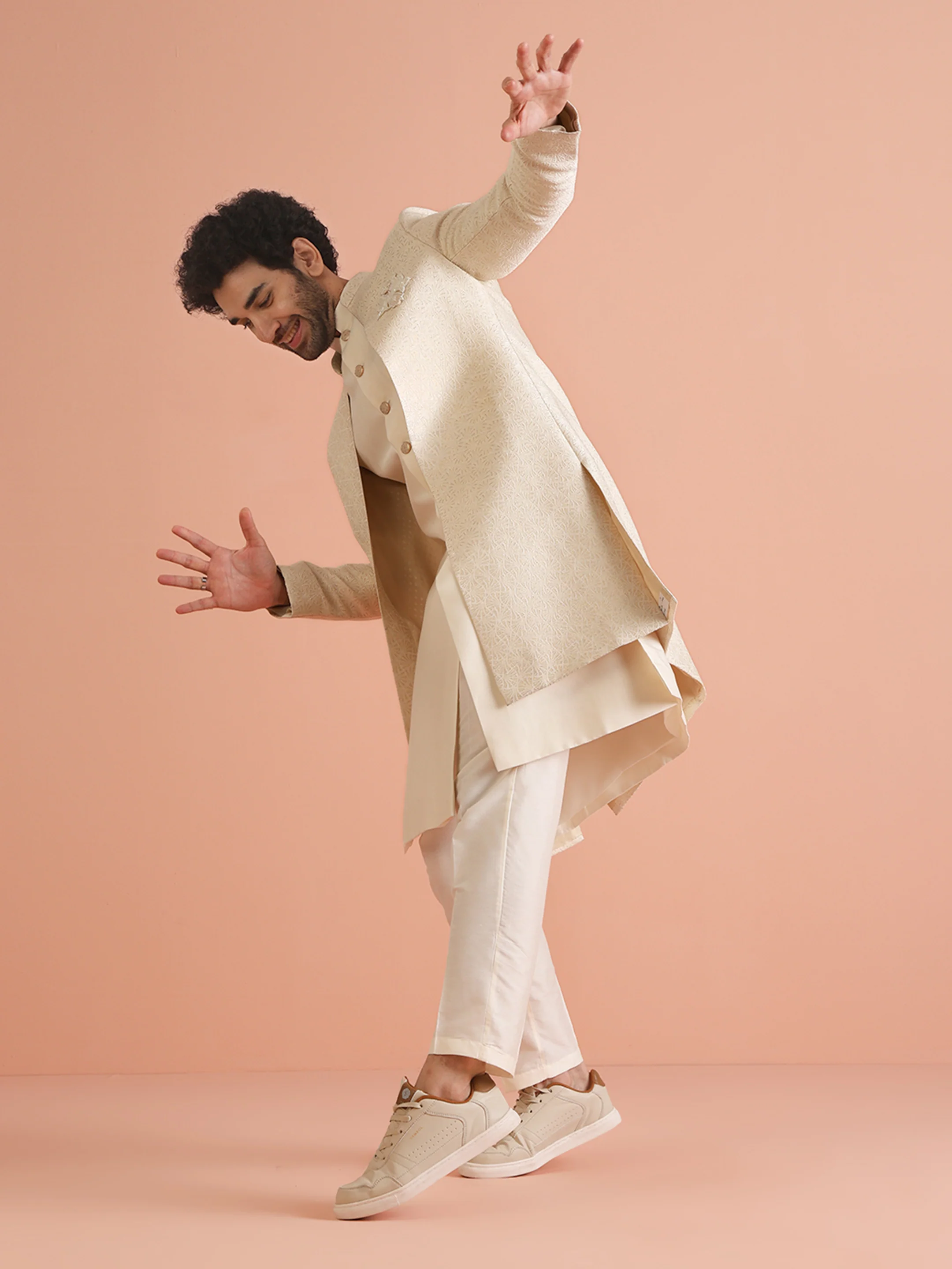 Cream Silk Blend Sherwani Trouser Set with Brooch