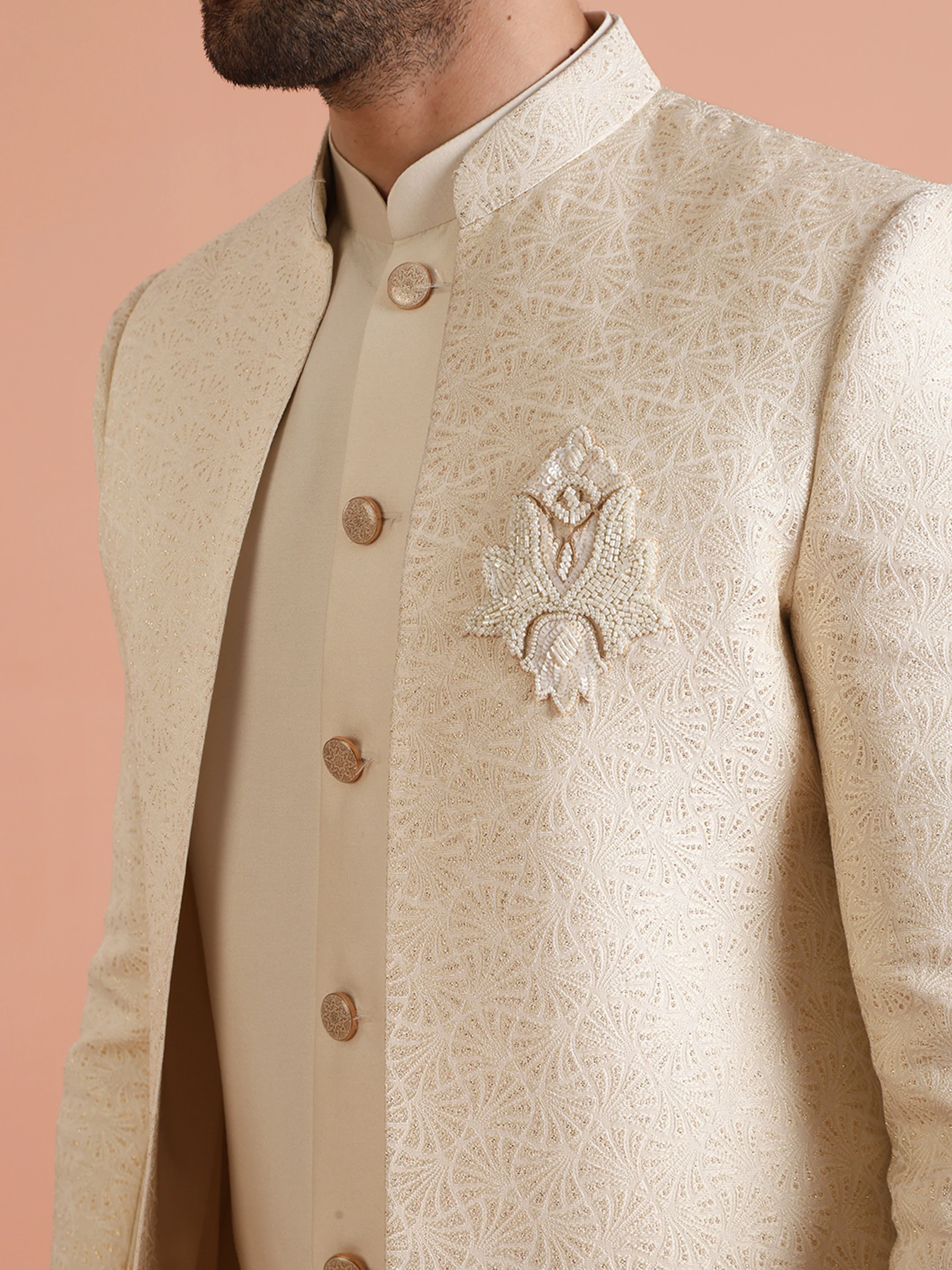 Cream Silk Blend Sherwani Trouser Set with Brooch - Image 6