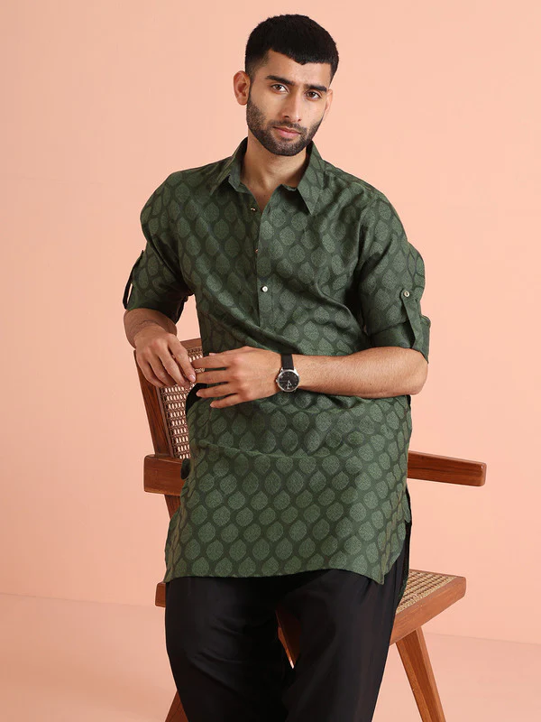 Green Silk Blend Jacquard Pathani Kurta - Image 6