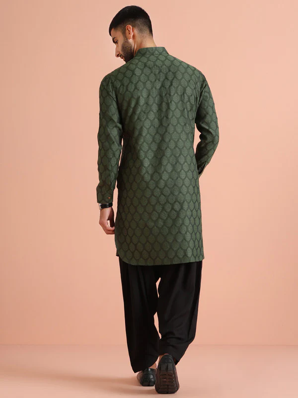 Green Silk Blend Jacquard Pathani Kurta Patiyala Set - Image 4