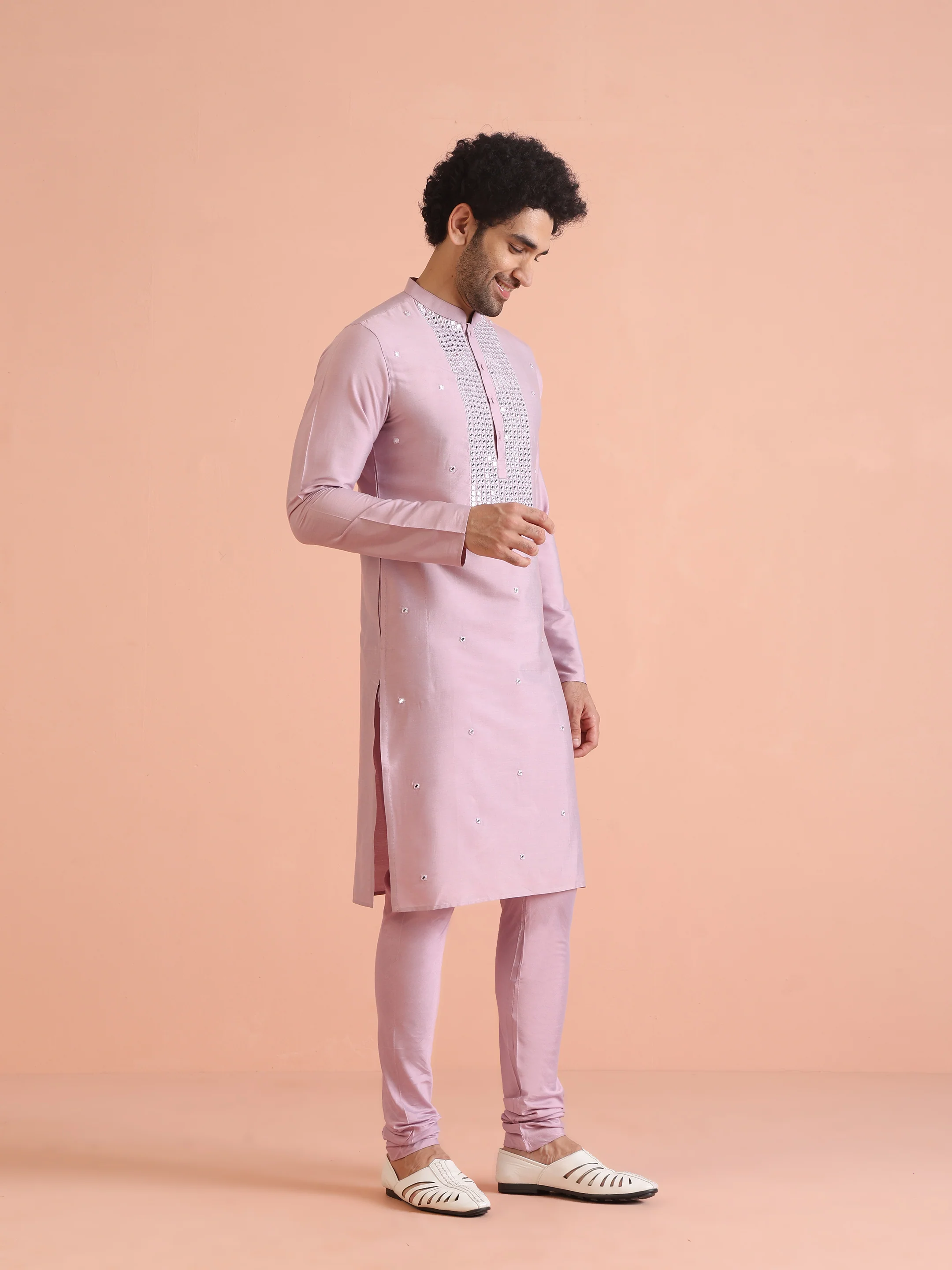 Light Pink Embroidered Kurta Churidar Set - Image 3