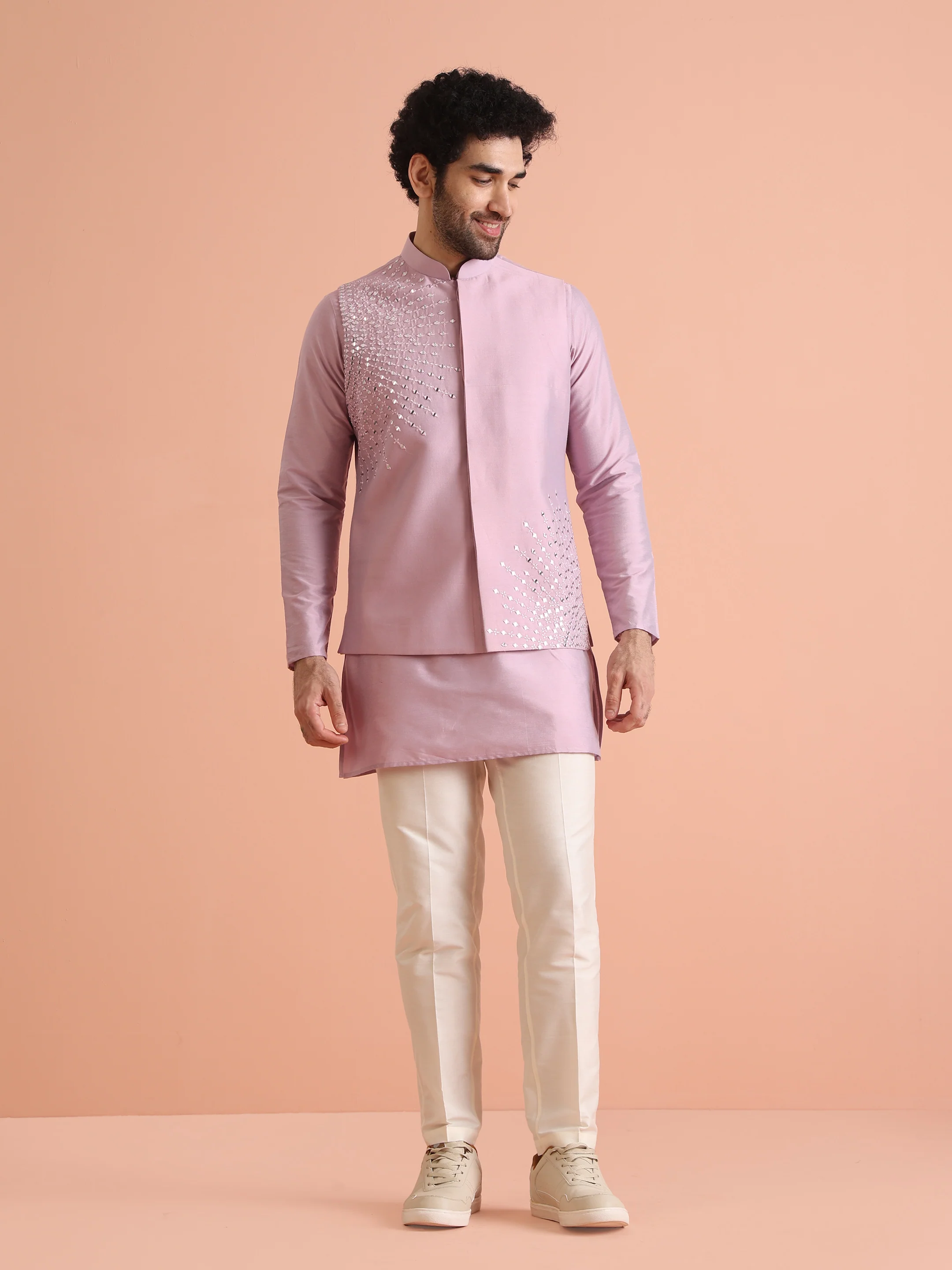 Pink Cotton Embroidered Nehru Jacket Kurta Set