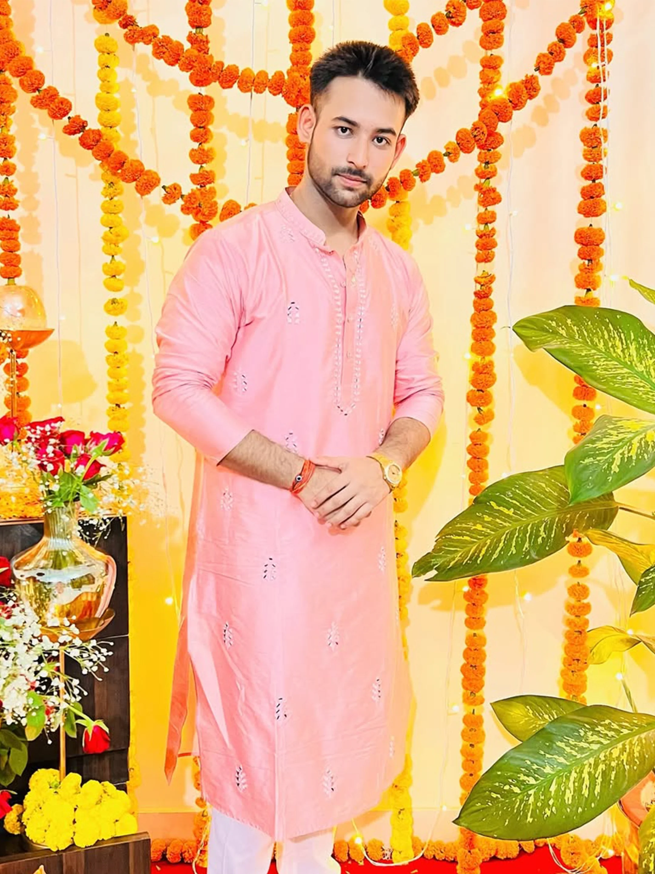 Baby Pink Silk Blend Mirror Work Kurta