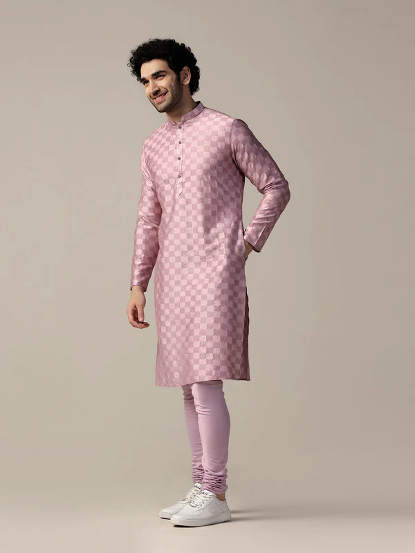 Men Pink Kurta Churidar Set - Image 3