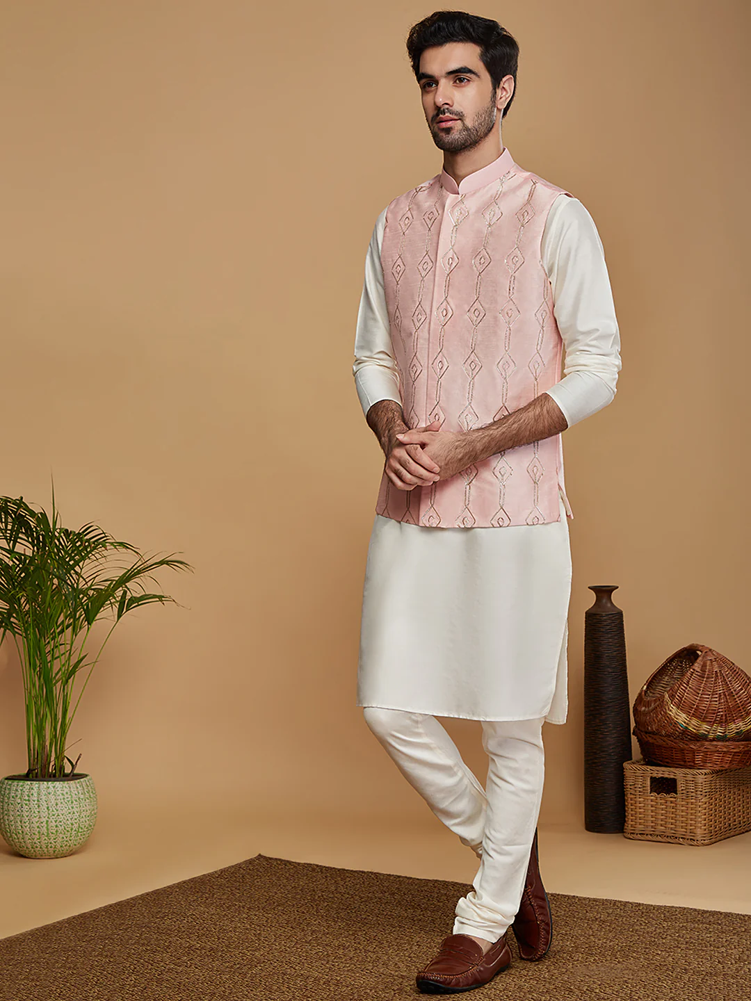 Pink Woven Nehru Jacket Kurta Churidar