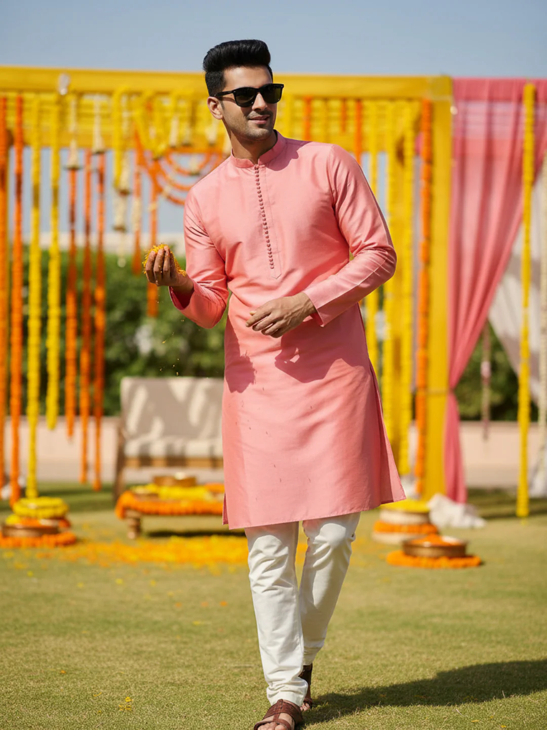 Pink Cotton Blend Solid Kurta with Cream Trouser - Image 2