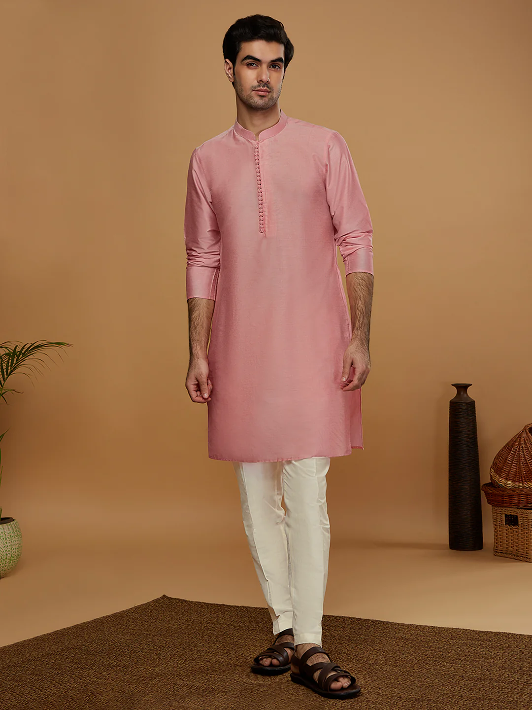 Pink Silk Blend Kurta Set with White Trouser – Elegant Festive & Wedding Outfit