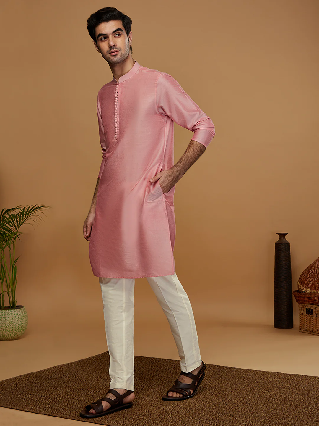 Pink Silk Blend Kurta Set with White Trouser – Elegant Festive & Wedding Outfit - Image 3