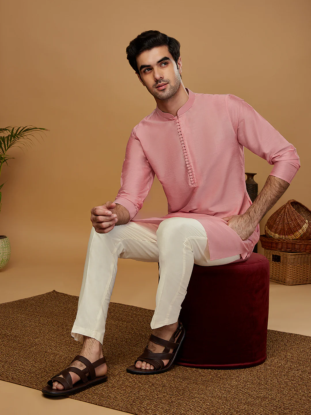 Pink Silk Blend Kurta Set with White Trouser – Elegant Festive & Wedding Outfit - Image 7