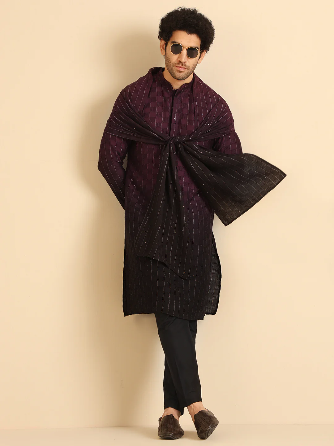 Men Purple Embroidered Kurta Trousers Dupatta Set