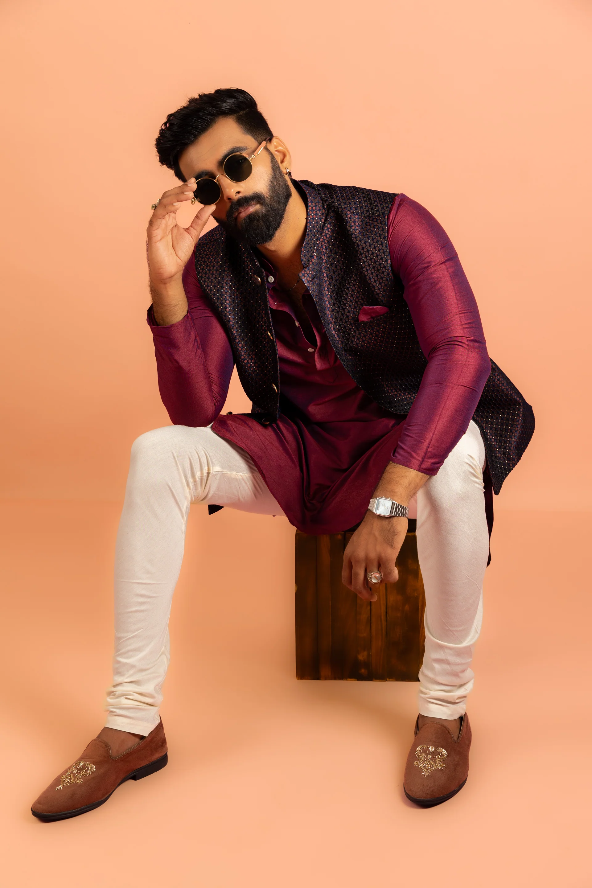Wine Jacquard Nehru Jacket Kurta Churidar Set
