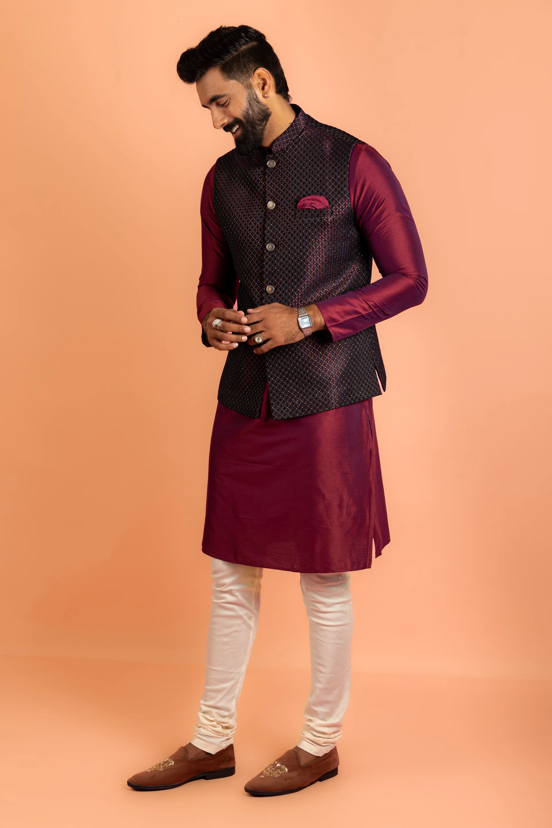 Wine Jacquard Nehru Jacket Kurta Churidar Set - Image 7