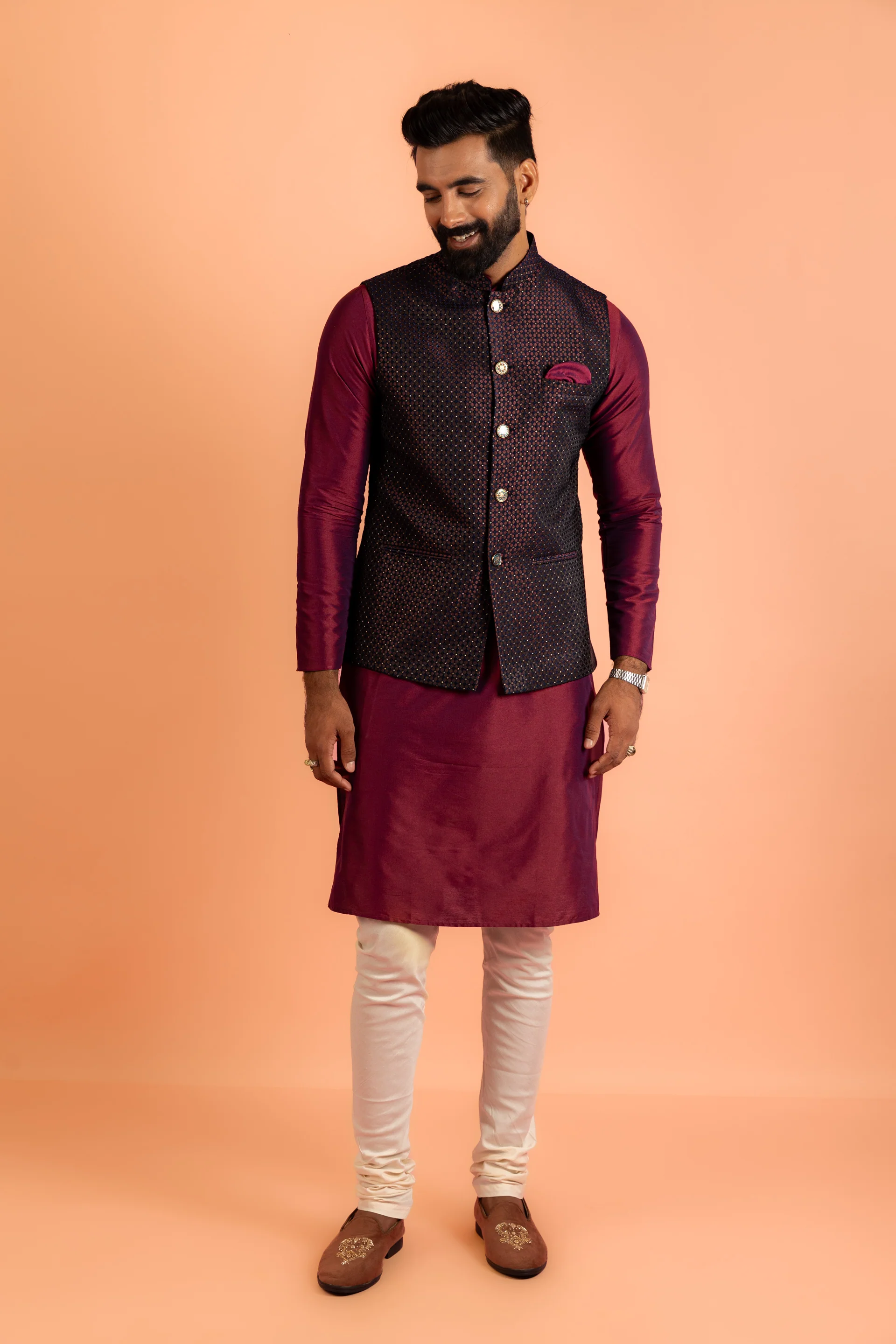Wine Jacquard Nehru Jacket Kurta Churidar Set - Image 8