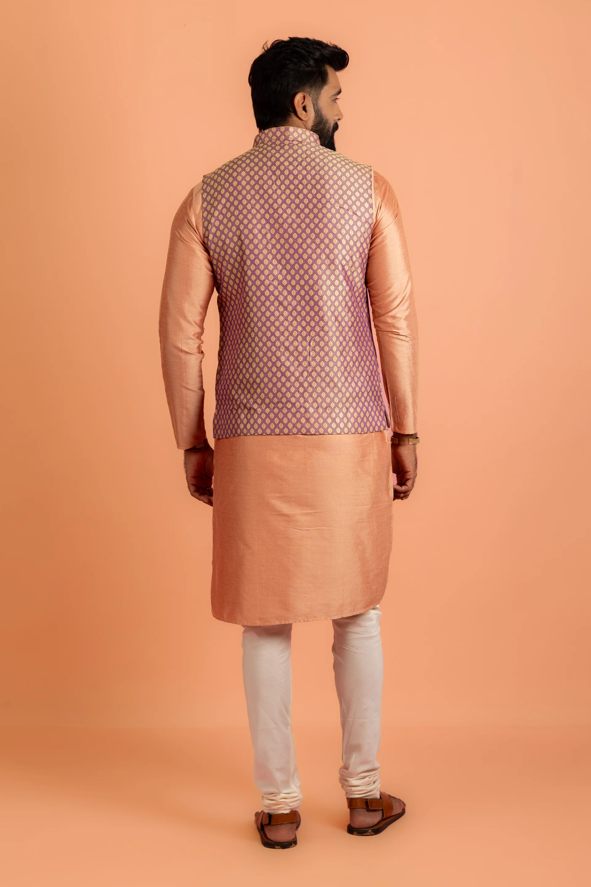 Men Purple Jacquard Kurta Jacket Churidar Set with Woven Design - Image 5