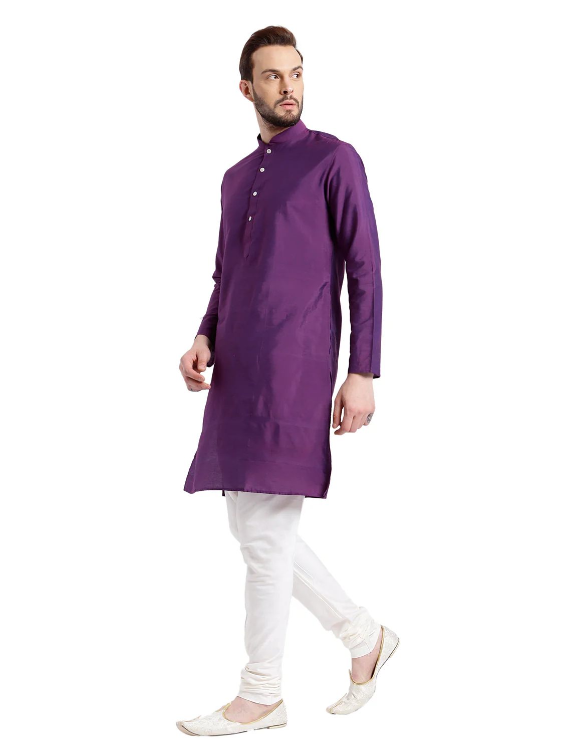 Men Purple Solid Dyed Kurta Churidar Set - Image 3