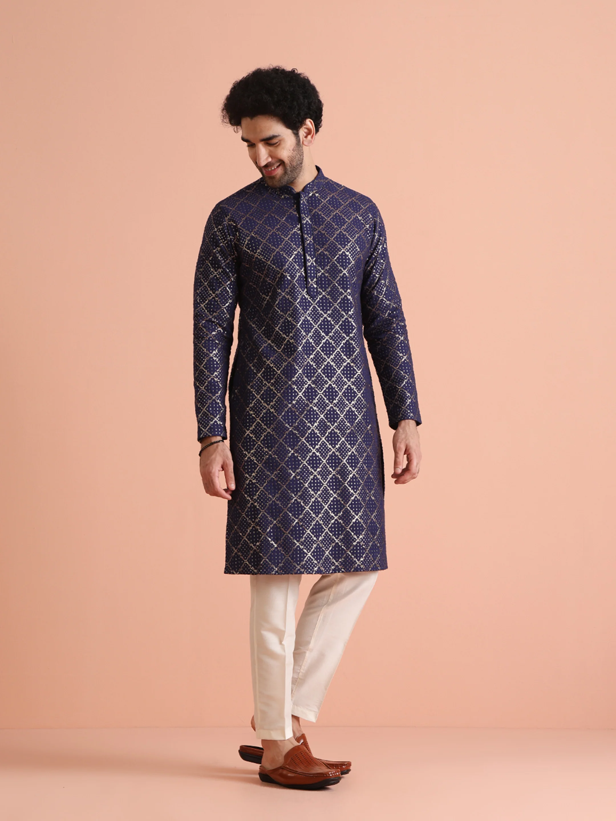 Navy Blue Sequin Embroidered Kurta - Image 3