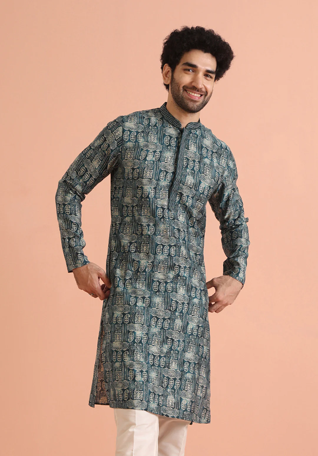 Teal Blue Abstract Printed Kurta