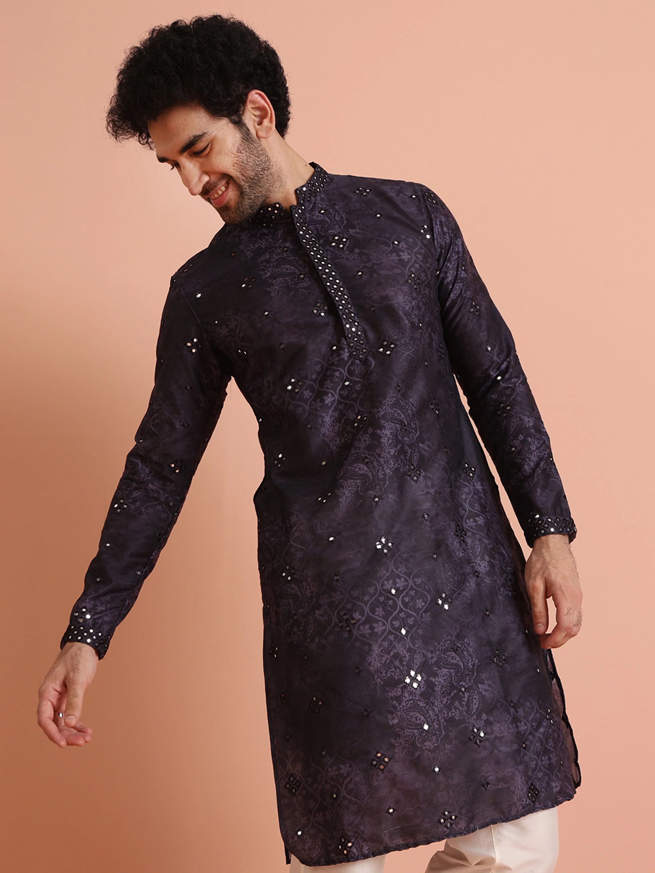 Black Mirror Work Silk Blend Kurta