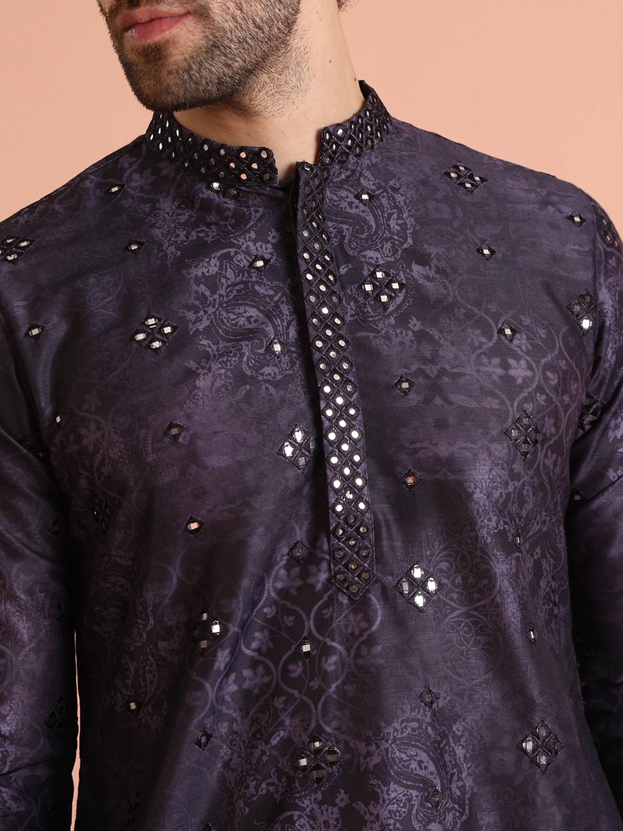 Black Mirror Work Kurta Cream Trouser Set - Image 6