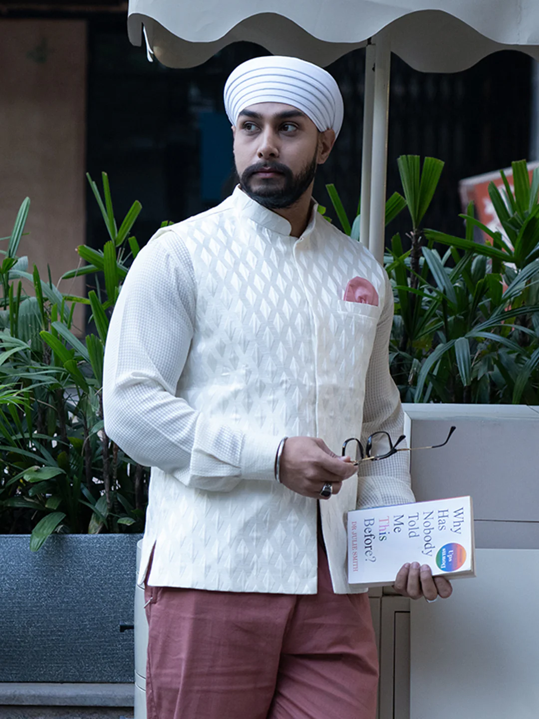 Cream Art Silk Textured Nehru Jacket