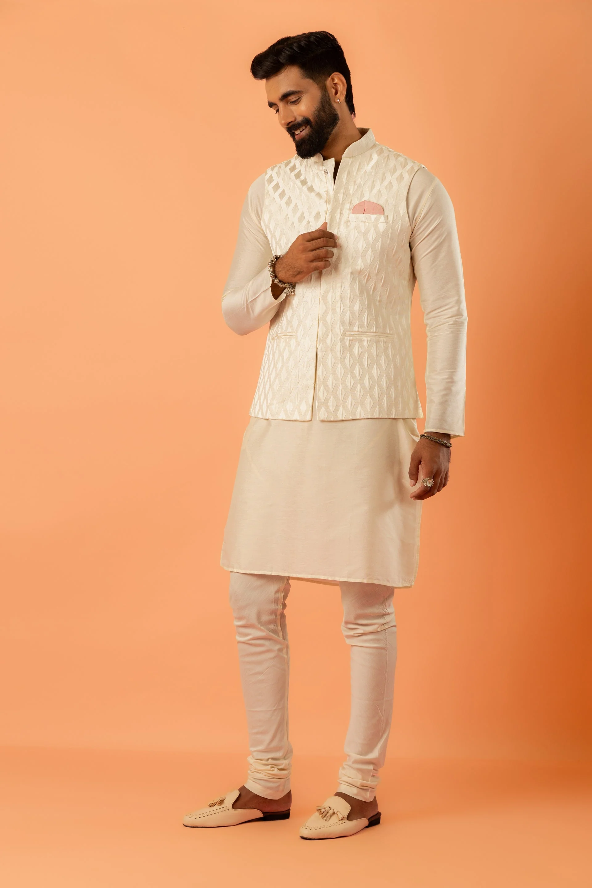 Cream Art Silk Textured Nehru Jacket - Image 20