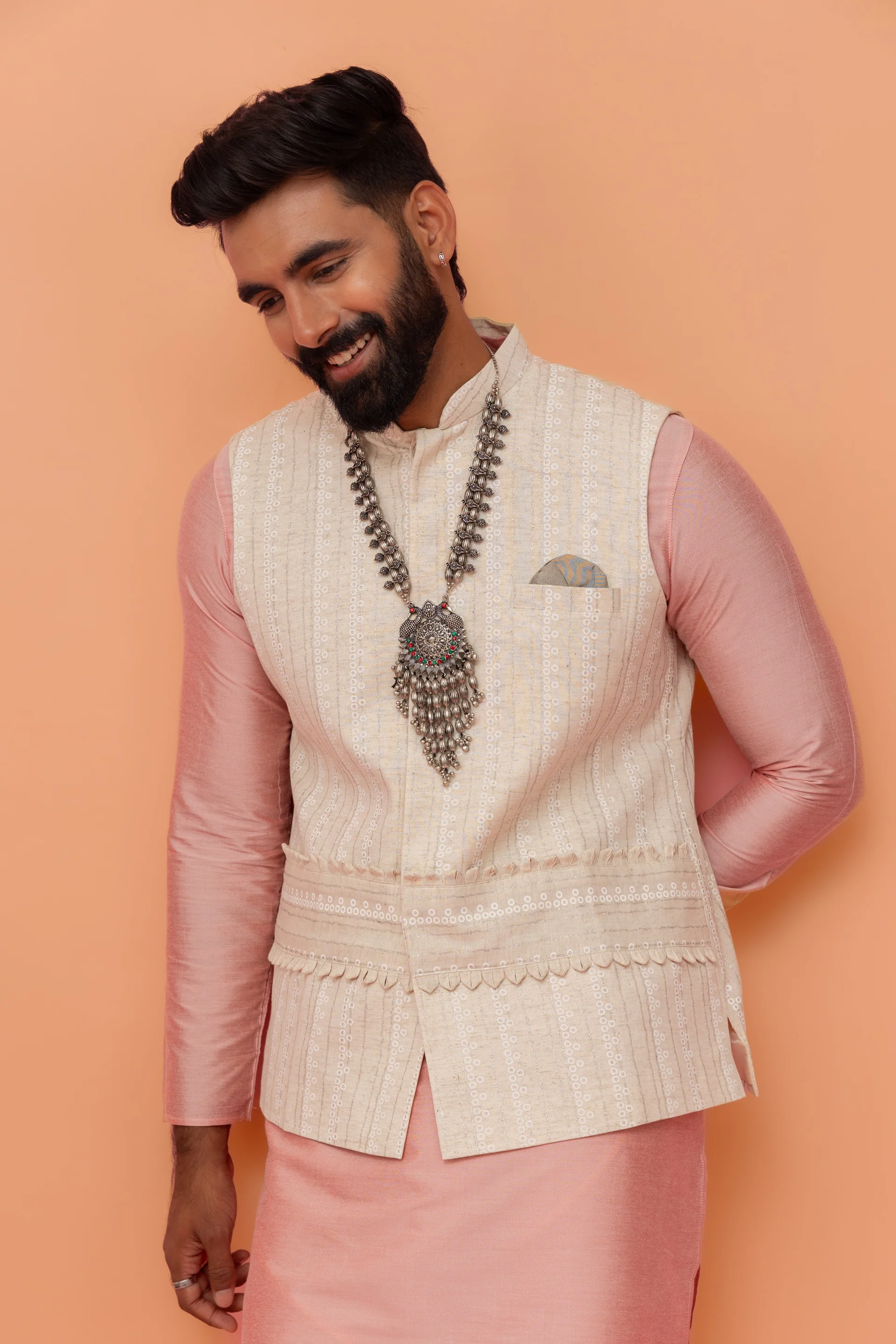 Beige Silk Blend Embroidered Nehru Jacket