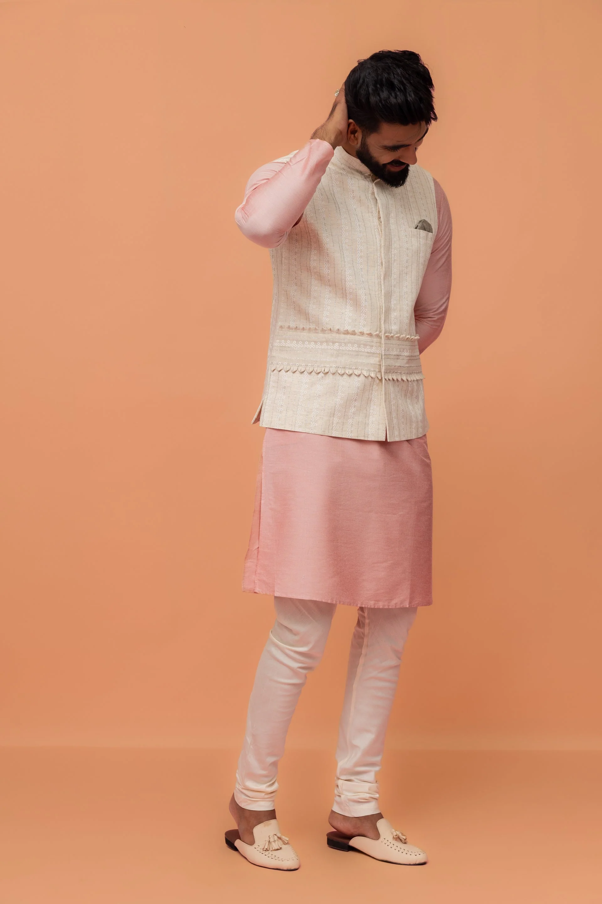 Beige Silk Blend Embroidered Nehru Jacket - Image 10