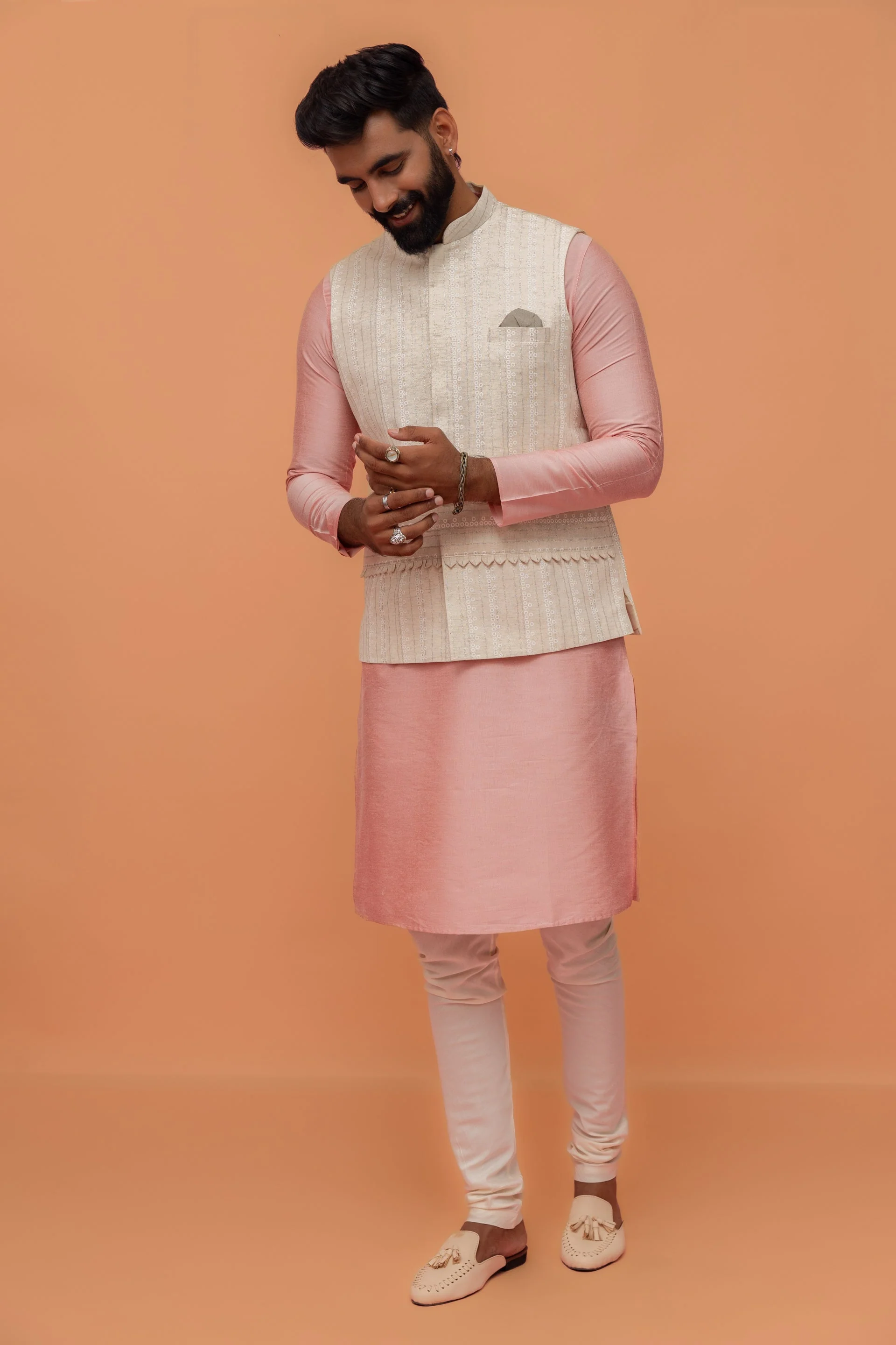 Beige Silk Blend Embroidered Nehru Jacket - Image 13