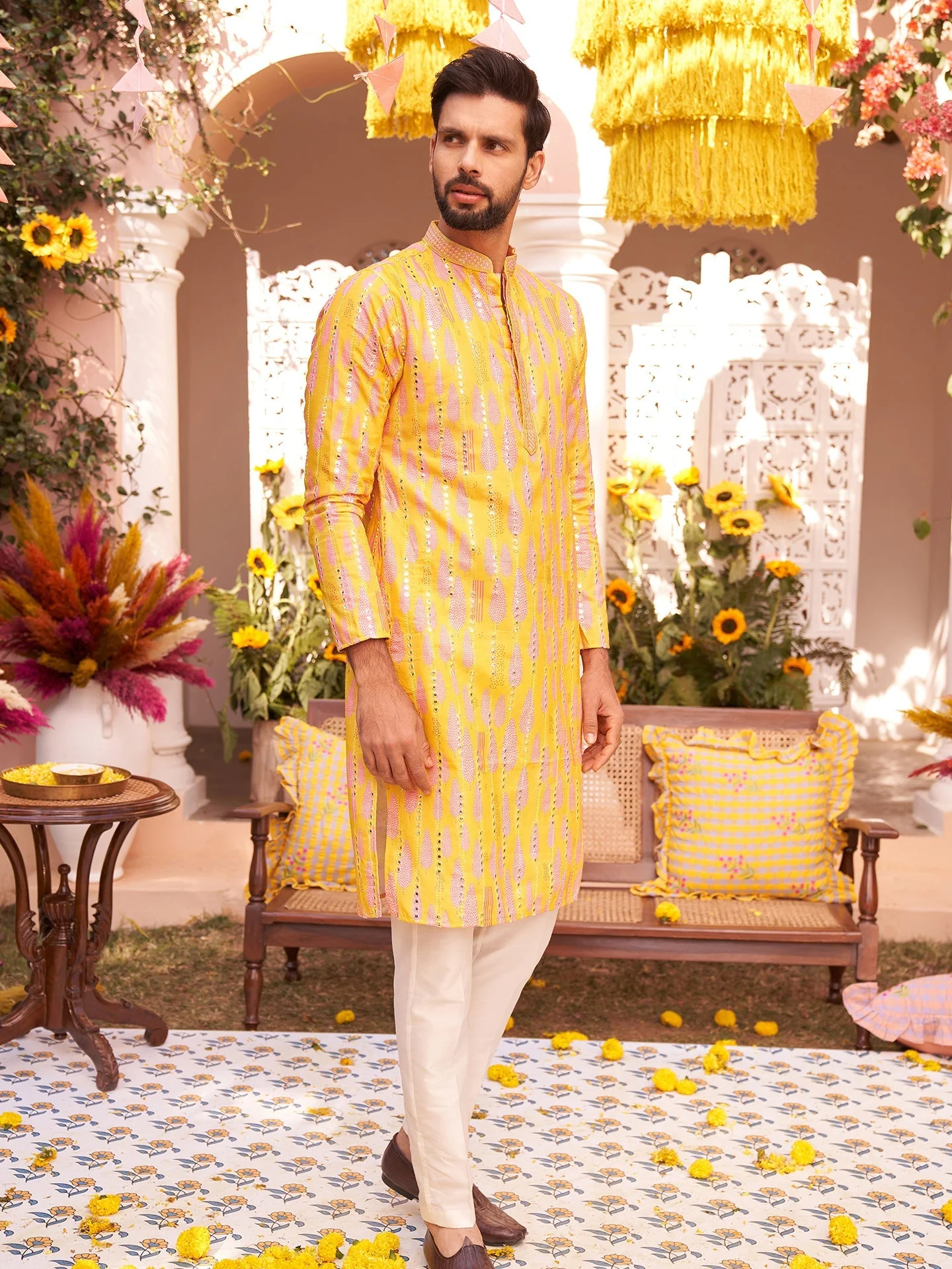 Yellow Sequin Kurta with Cream Trouser Set - Image 10