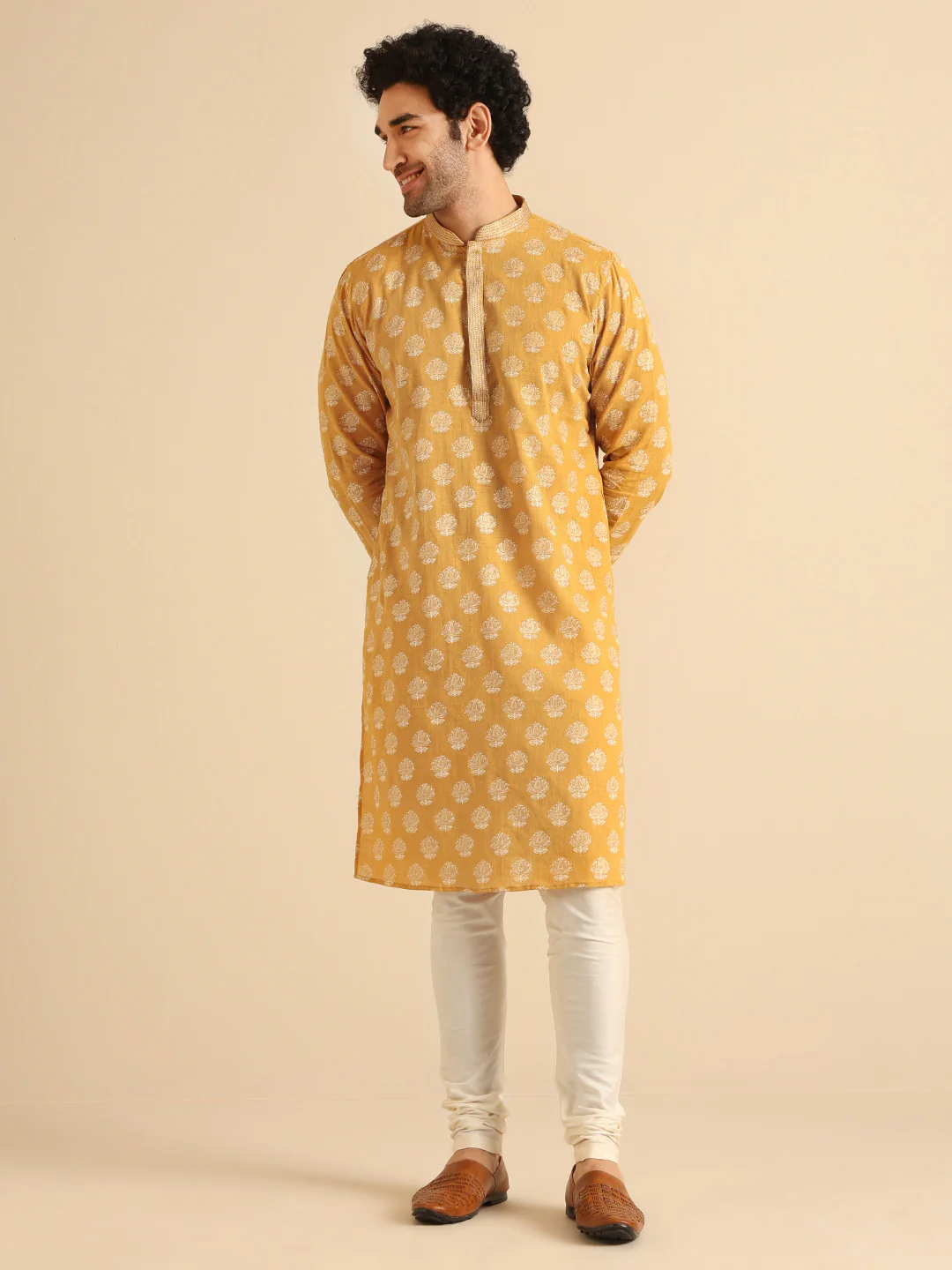 Mustard Yellow Kurta Cream Churidar Set