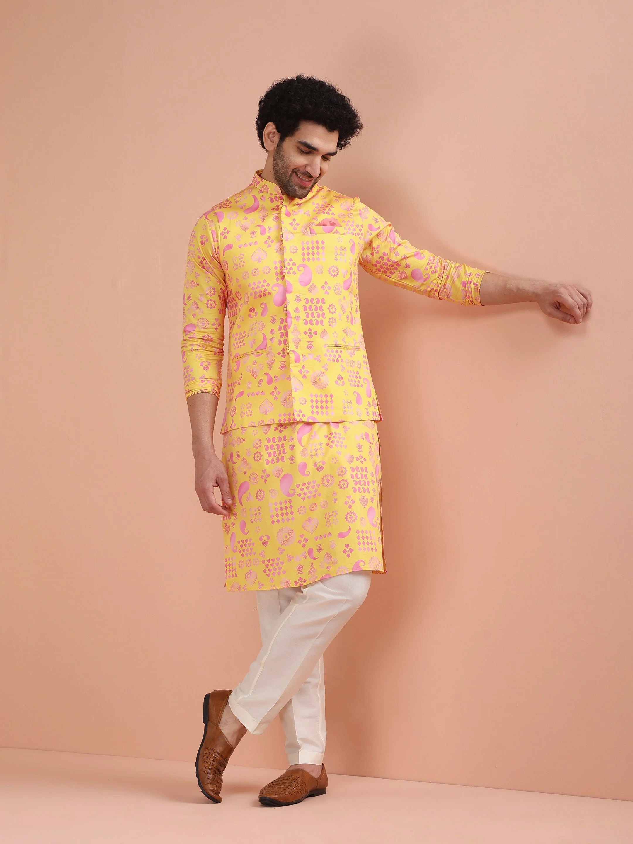 Yellow Cotton Silk Printed Nehru Jacket Kurta Trouser - Image 18