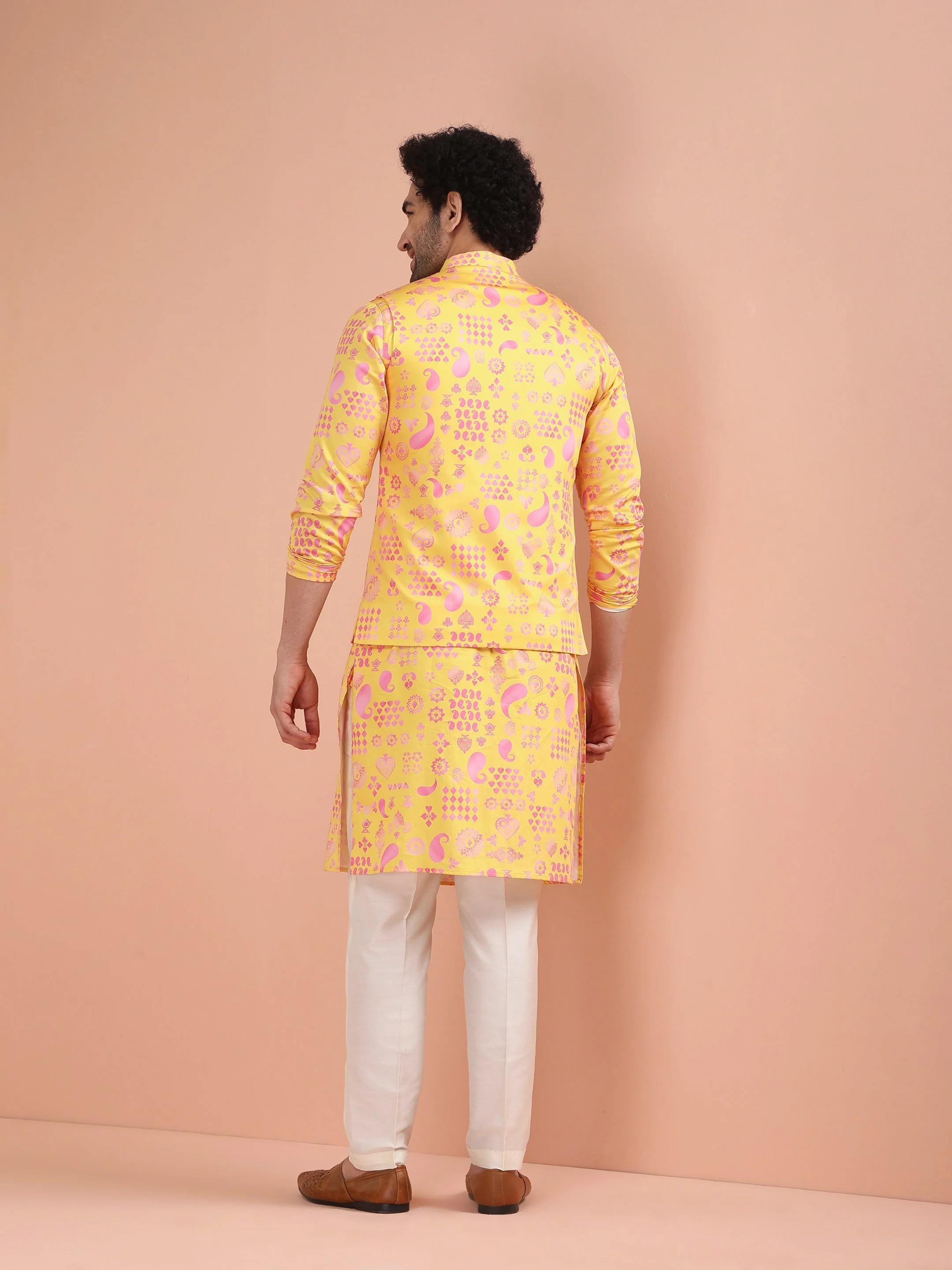 Yellow Cotton Silk Printed Nehru Jacket Kurta Trouser - Image 21